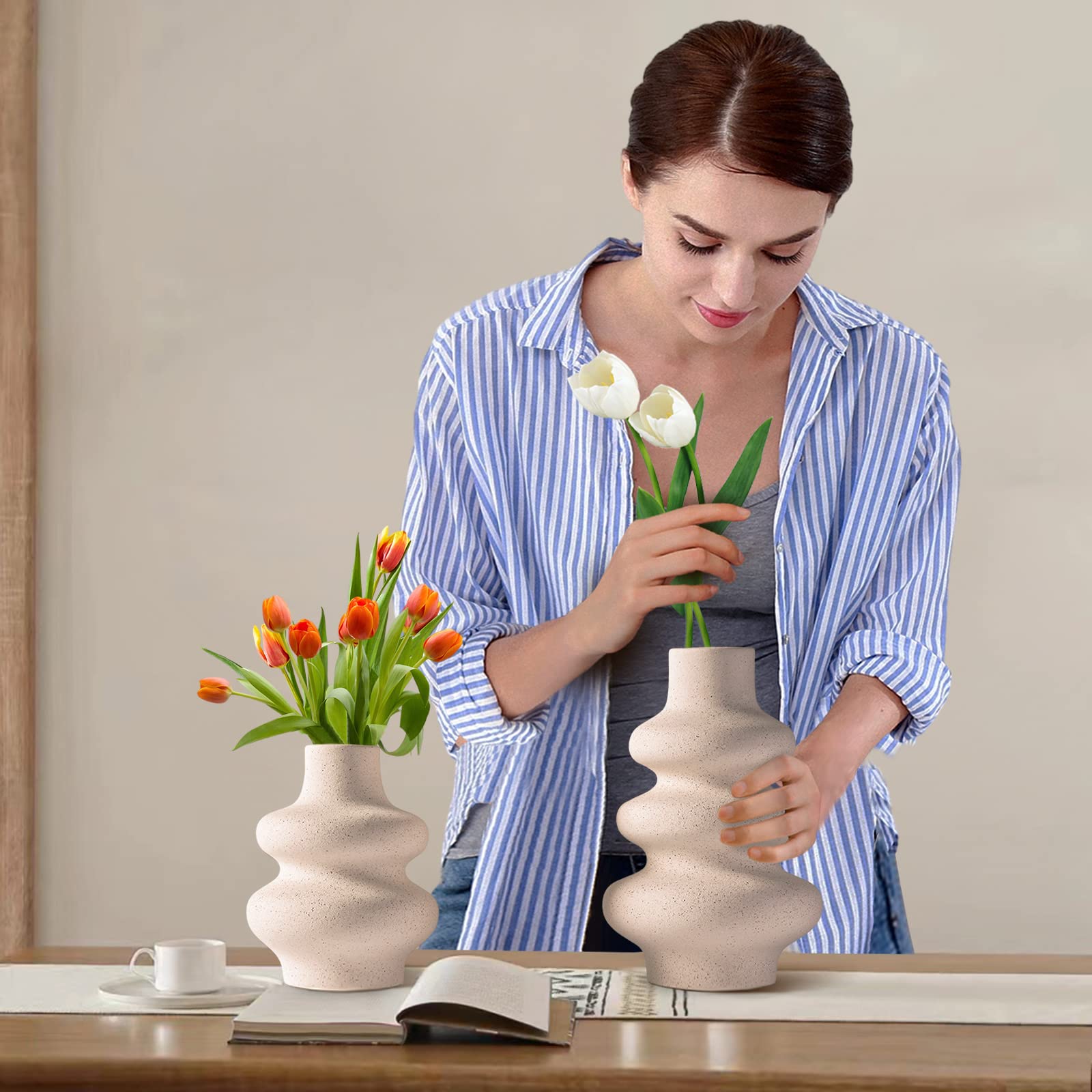 Ceramic Vases- Set Of 2 White Vase For Modern Home Decor, Boho Vase For Decor,Vase For Farmhouse Decor Wedding Dinner Table Offi