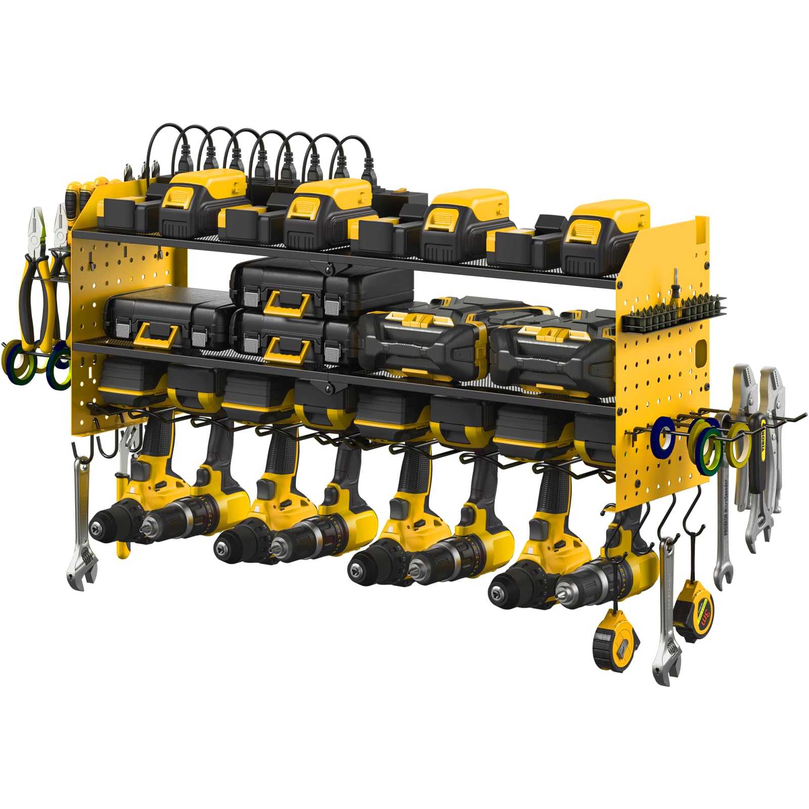 Junnuj Large Pegboard Power Tool Organizer With Charging Station, 8 Drills Driver And Tools Battery Holder Wall Mount With 8 Outlet Power Strip, Yellow 3-Layer Shop Garage Storage Utility Rack