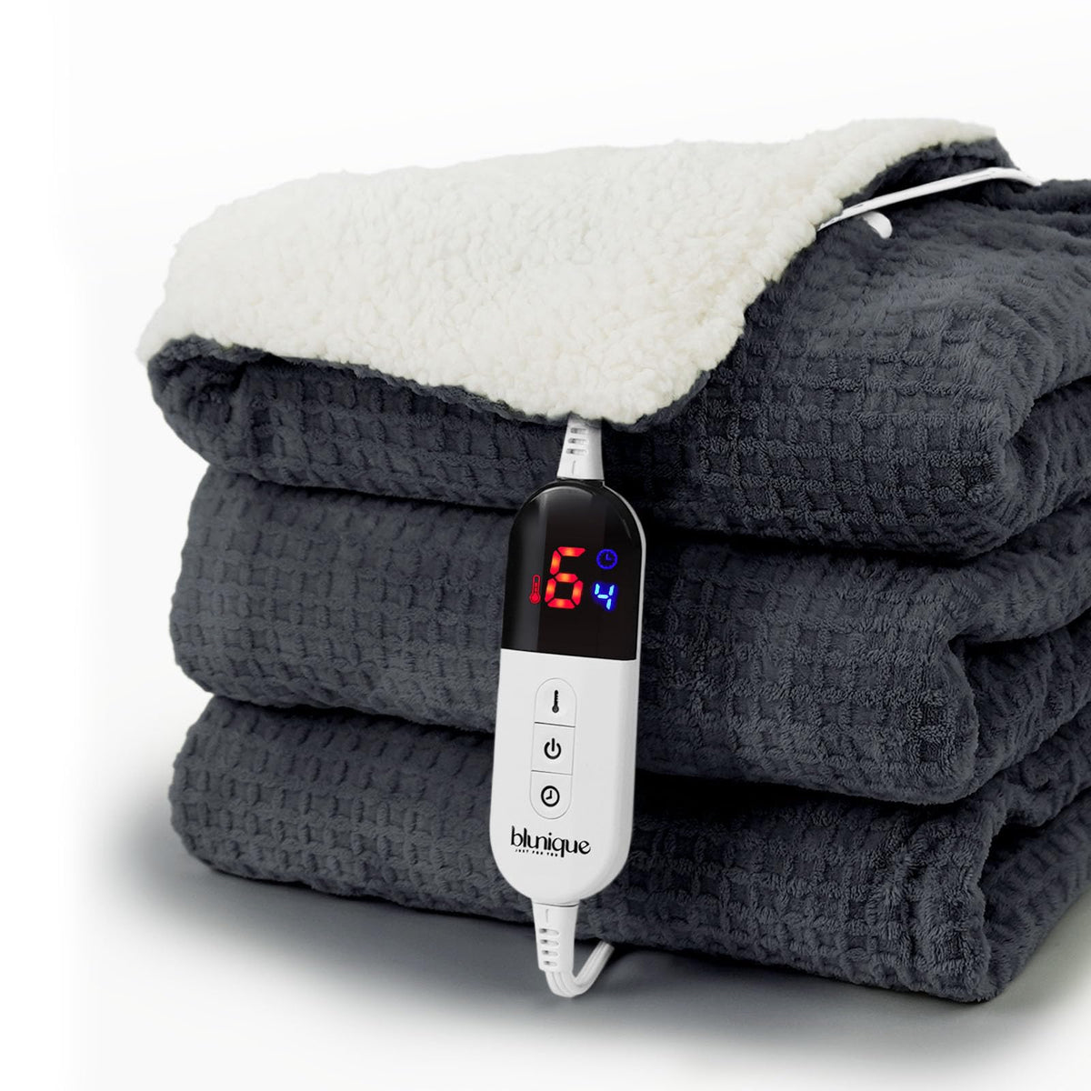 blunique Heated Blanket Electric Throw Waffle, 50x60 Inches Sherpa Fleece Fast Heating Blanket 6 Heating Levels & 4 Hours Auto O