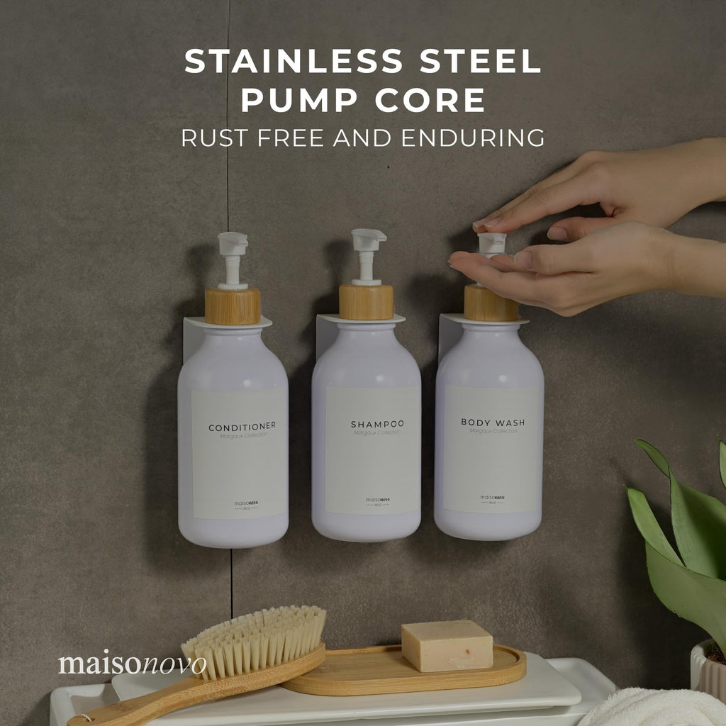 MAISONOVO Wall Mounted Shampoo and Conditioner Dispenser Set of 3 - 16.9 fl oz White Plastic Bottles with Bamboo Pump - No Drill