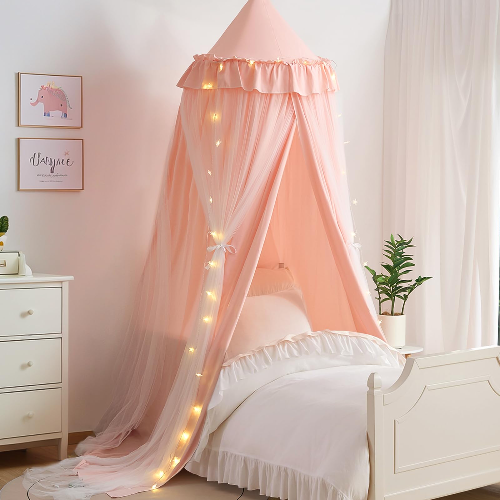 Yeerswag Double Layer Bed Canopy With Star Lights, Bed Canopy For Girls, Twin Size Canopy Bed Curtain For Children Princess Play