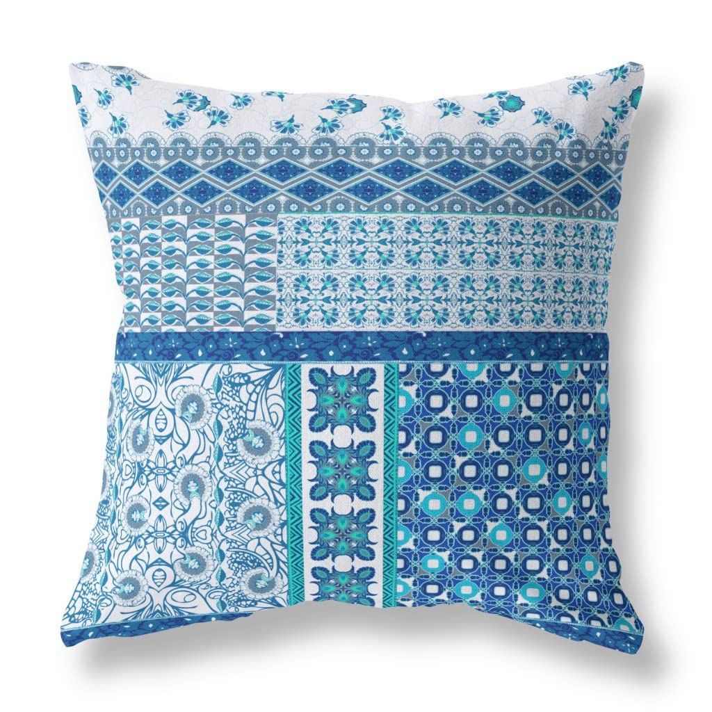 HomeRoots Blue and White Broadcloth 18â€ Blue White Patch Indoor Outdoor Throw Pillow