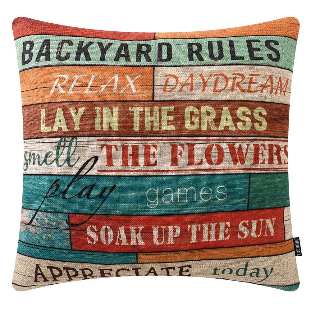 Trendin Wooden Plank Backyard Rules Throw Pillow Cover 20X20 Inch Backyard Decor Cotton Linen Cushion Case For Sofa Couch Pl504T