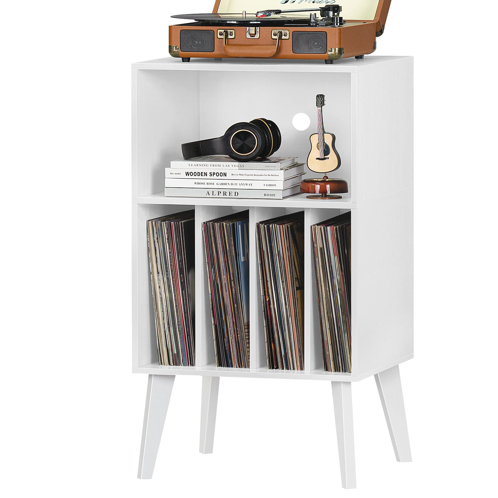 Lerliuo Record Player Stand, White Turntable Stand Holds up to 160 Albums, Mid-Century Vinyl Storage Cabinet Table with Solid Wo