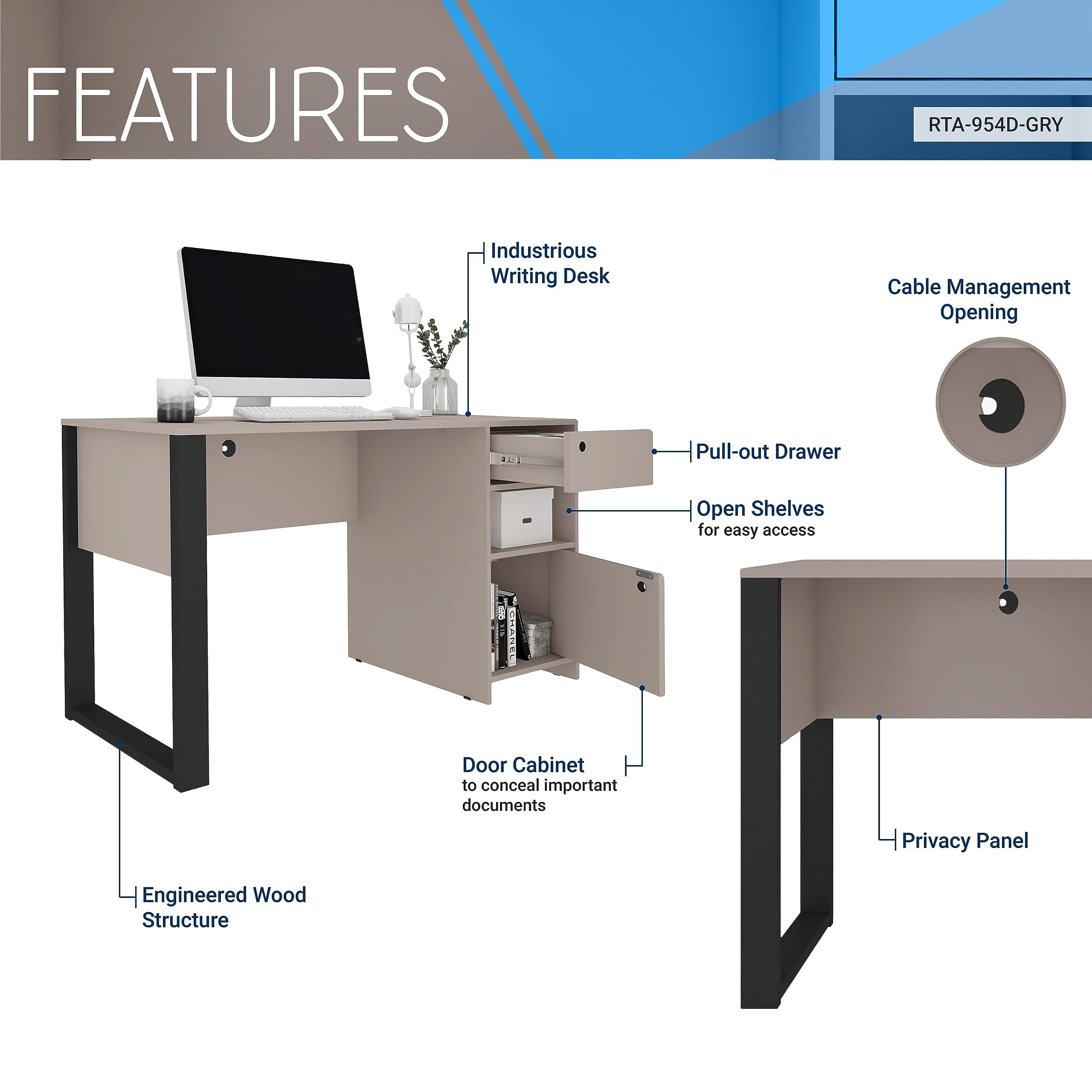 Techni Mobili Modern Style Industrial Writing Desk with Storage, Grey