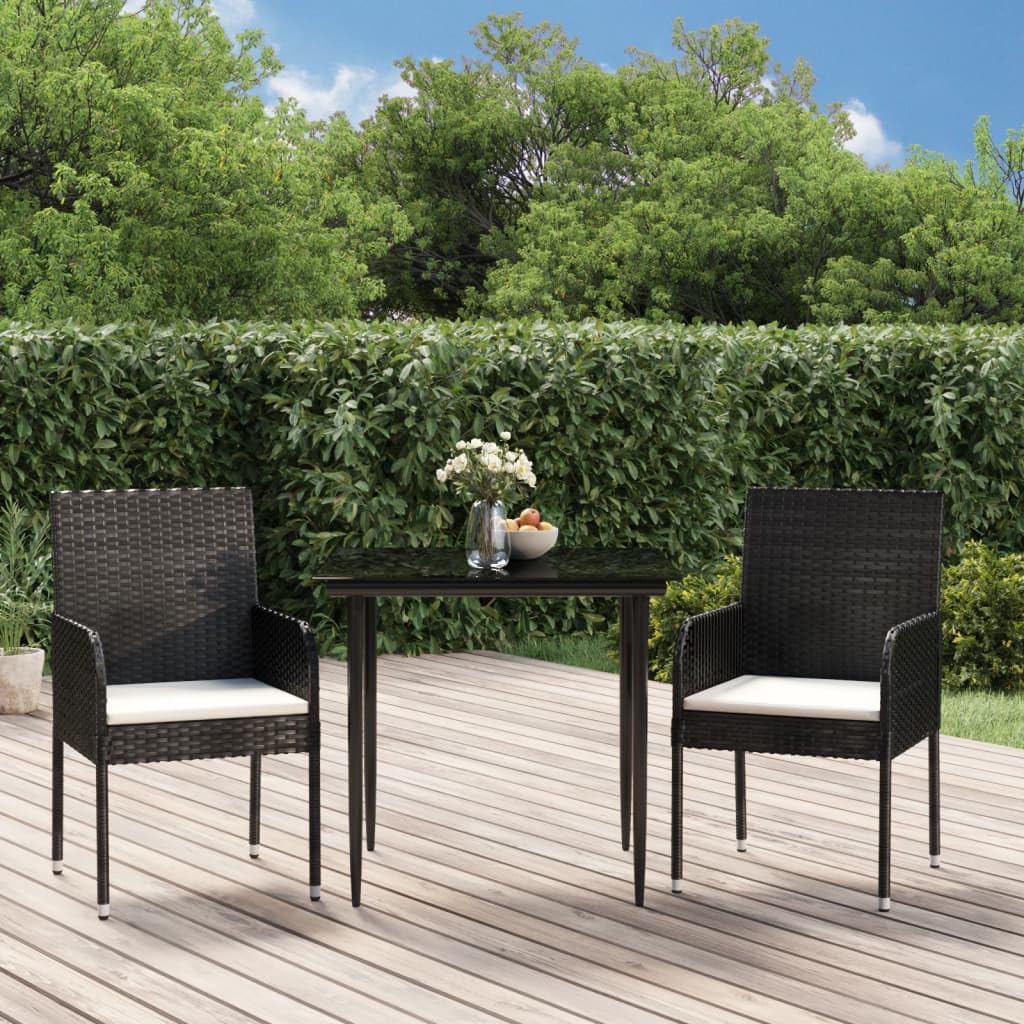 vidaXL Black Poly Rattan 3-Piece Patio Dining Set - Weather-Resistant Outdoor Garden Deck Furniture with Comfortable Seat Cushions & Glass Tabletop