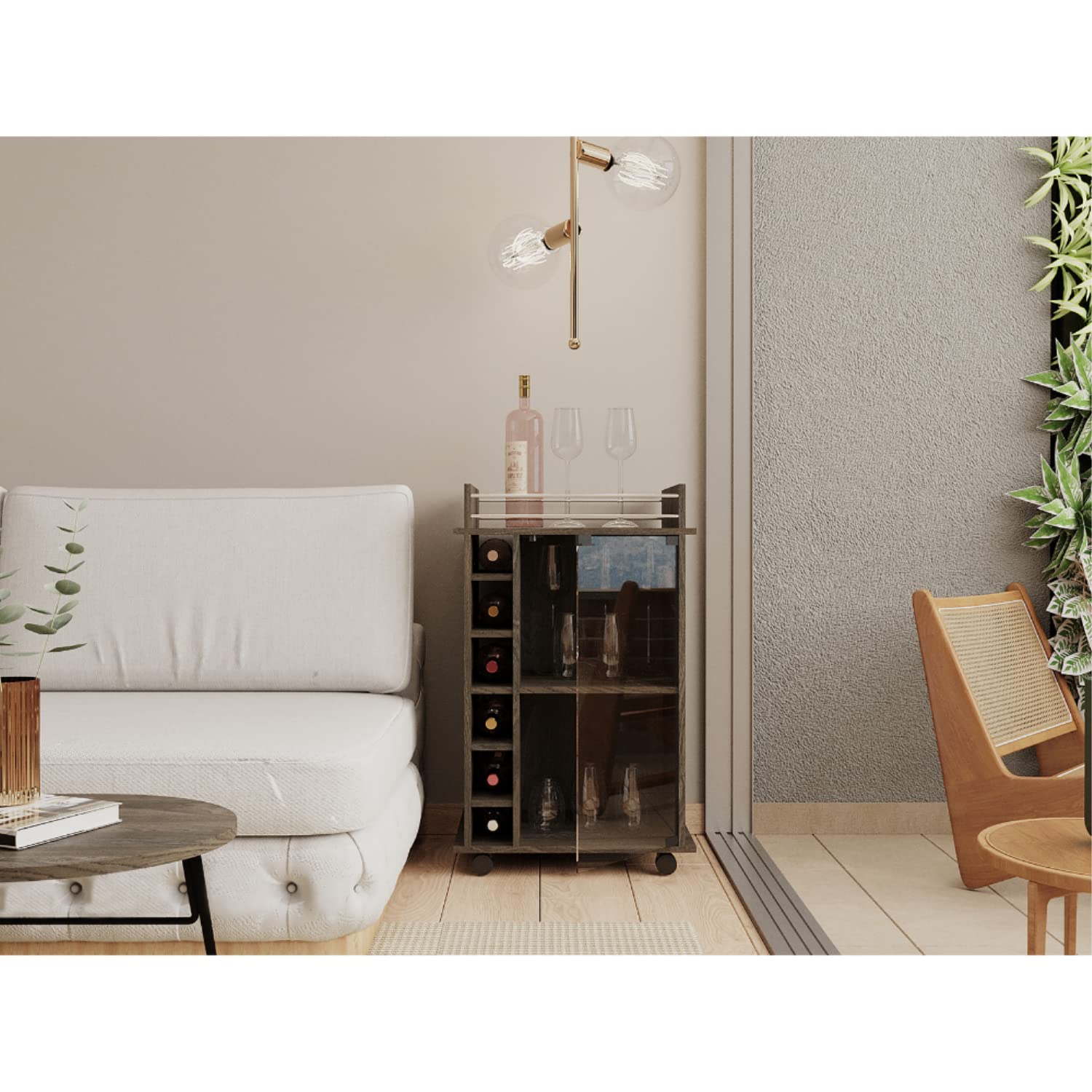 Huali Bar Cart with 6 Wine Cubbies, Glass Door, 4 Casters, and 2 Shelves, Carbon Espresso