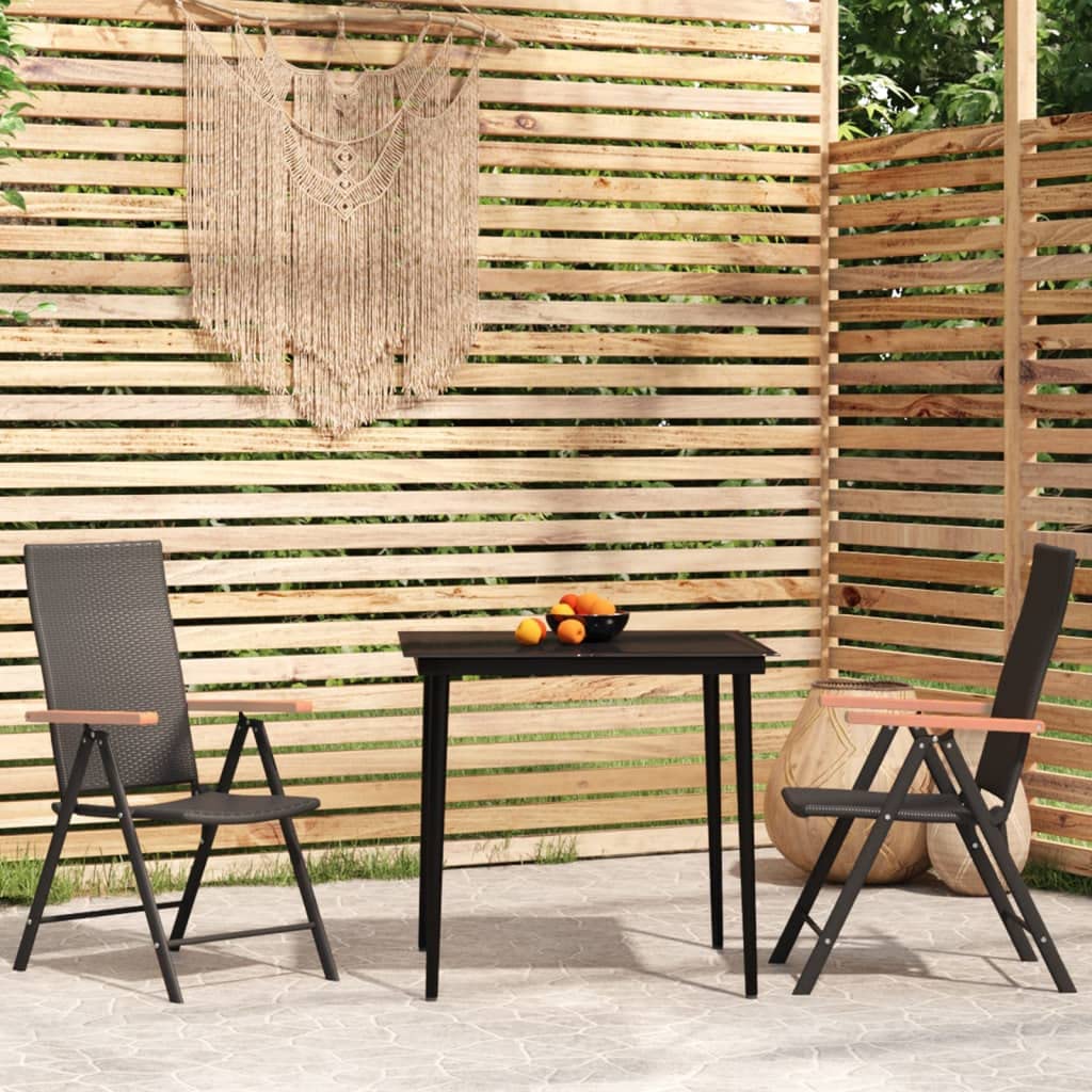 vidaXL 3-Piece Patio Dining Set in Black - Powder-Coated Steel Frame with Glass Tabletop and Reclining PE Rattan Chairs