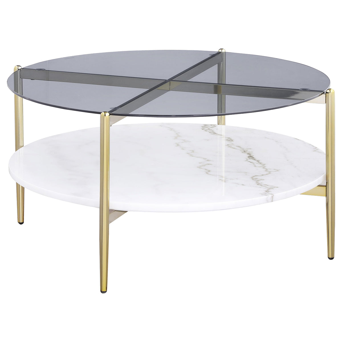 Coaster Home Furnishings Jonelle Round Glass Top Coffee Table White Marble Shelf Gold