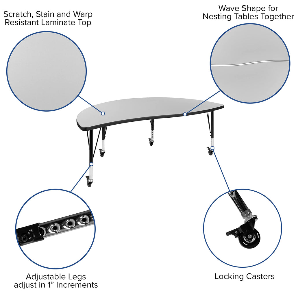 Flash Furniture 2 Piece Mobile 60" Circle Wave Collaborative Grey Thermal Laminate Kids Adjustable Activity Table Set