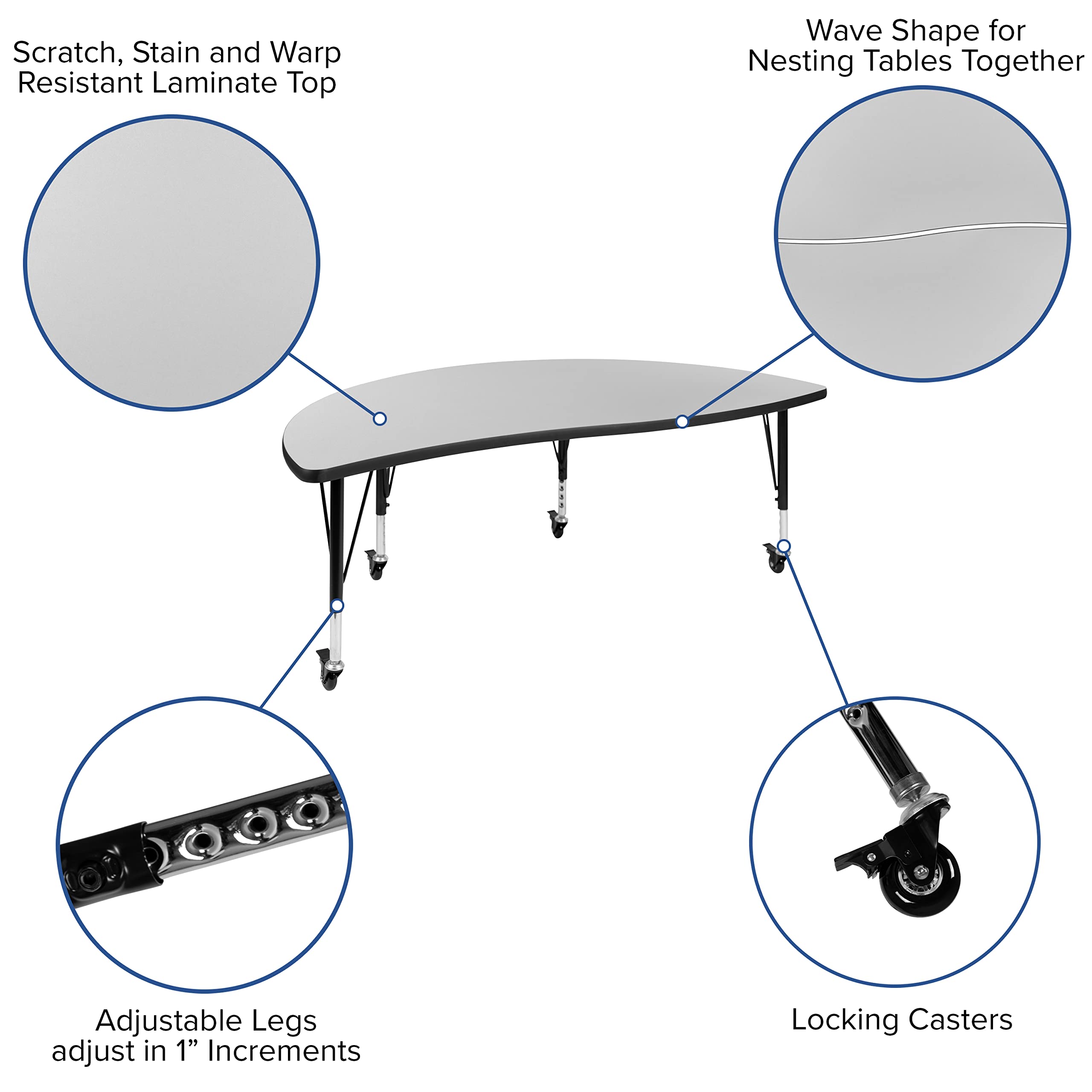 Flash Furniture 2 Piece Mobile 60" Circle Wave Collaborative Grey Thermal Laminate Kids Adjustable Activity Table Set