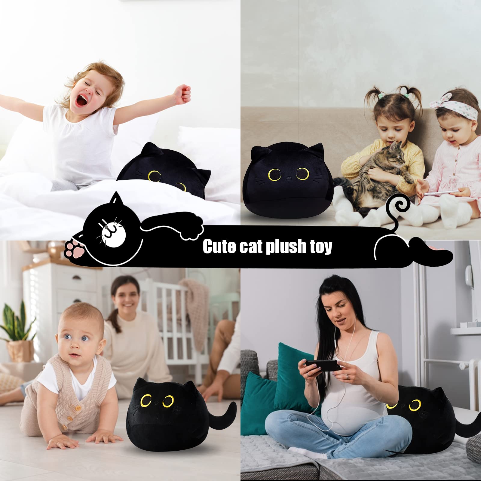 Auderhine 10' Cute Black Cat Plush Toys, Soft Cat Pillow Squishy Plushies, Cat Stuffed Animals Kawaii Plush Toys Home Decoratio
