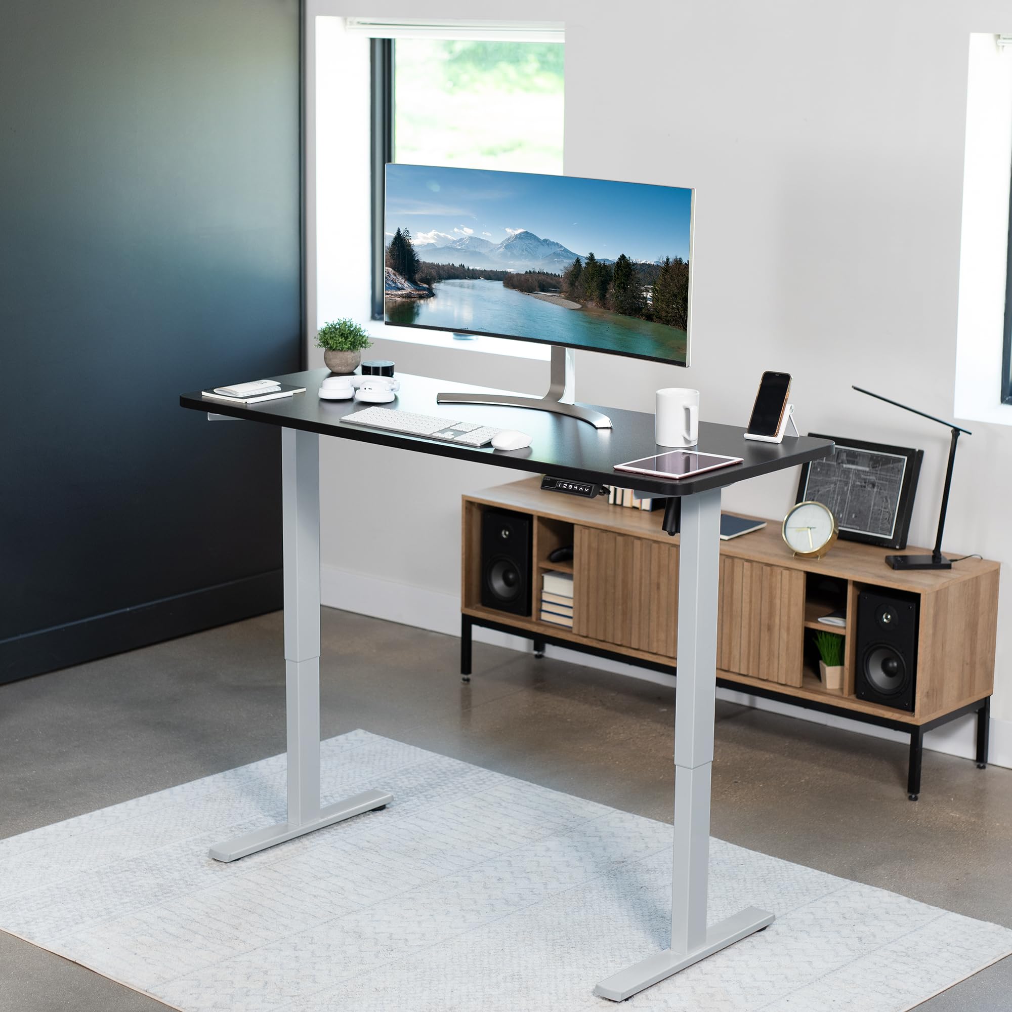 Vivo Electric 60 X 24 Inch Standing Desk Workstation, Memory Controller Height Adjustment, 1B Series, One-Piece Black Top, Gray Frame, Desk-Kit-1G6B