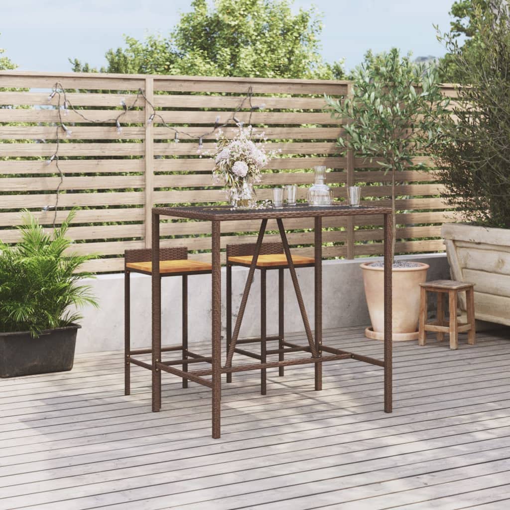 vidaXL Outdoor Bar Table with Glass Top, Brown Poly Rattan, Powder-Coated Steel Frame, Tempered Black Glass, Weather-Resistant - 43.3"x27.6"x43.3"