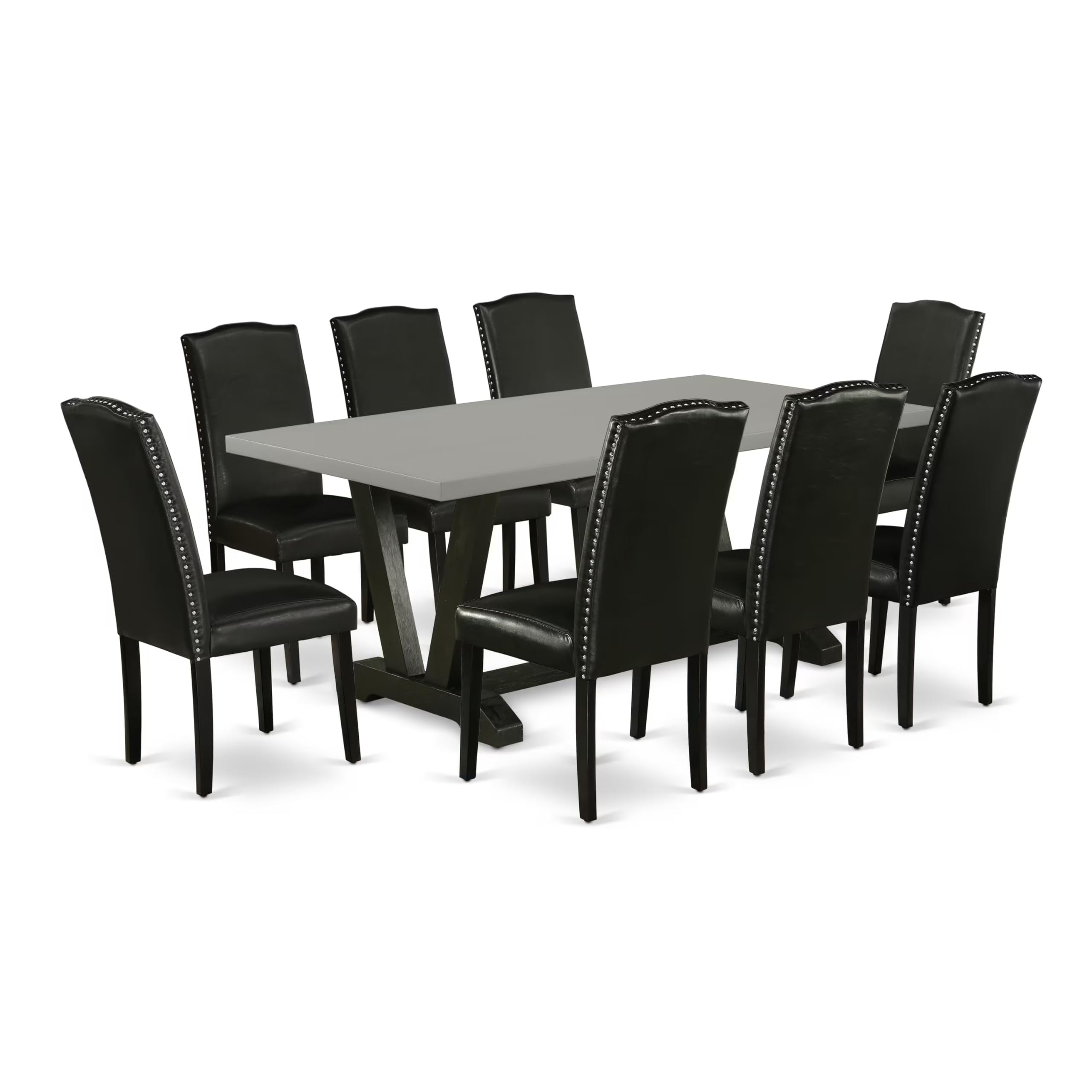 East West Furniture V697En169-9 9 Piece Dining Table Set Includes A Rectangle Dining Room Table With V-Legs And 8 Black Faux Leather Parsons Chairs, 40X72 Inch, Multi-Color