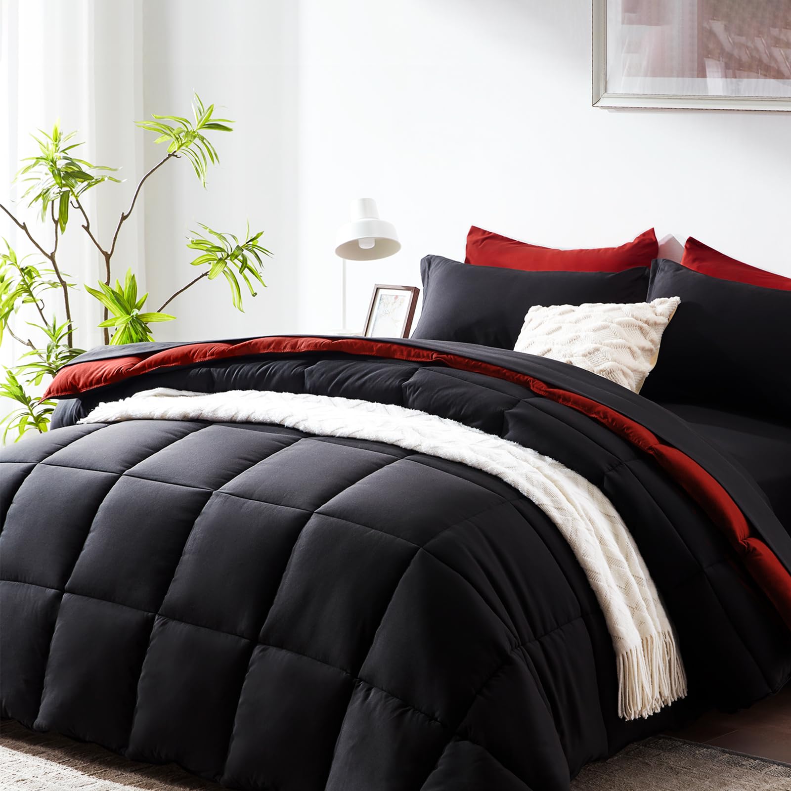 Cozyart Full Comforter Set 7 Pcs, Black And Red Bed In A Bag, All Season Lightweight Soft Reversible Bedding Sets, 1 Comforter,