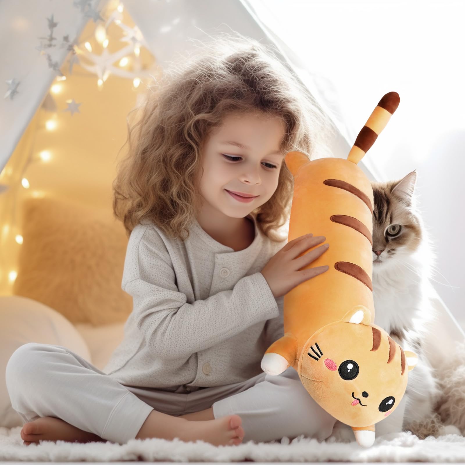 Afan Cute Long Cat Plush Kawaii 19.6' Body Pillow Cat Stuffed Animals Soft Plushies Cuddly Cotton Kitten Sleeping Pillow Stuffe