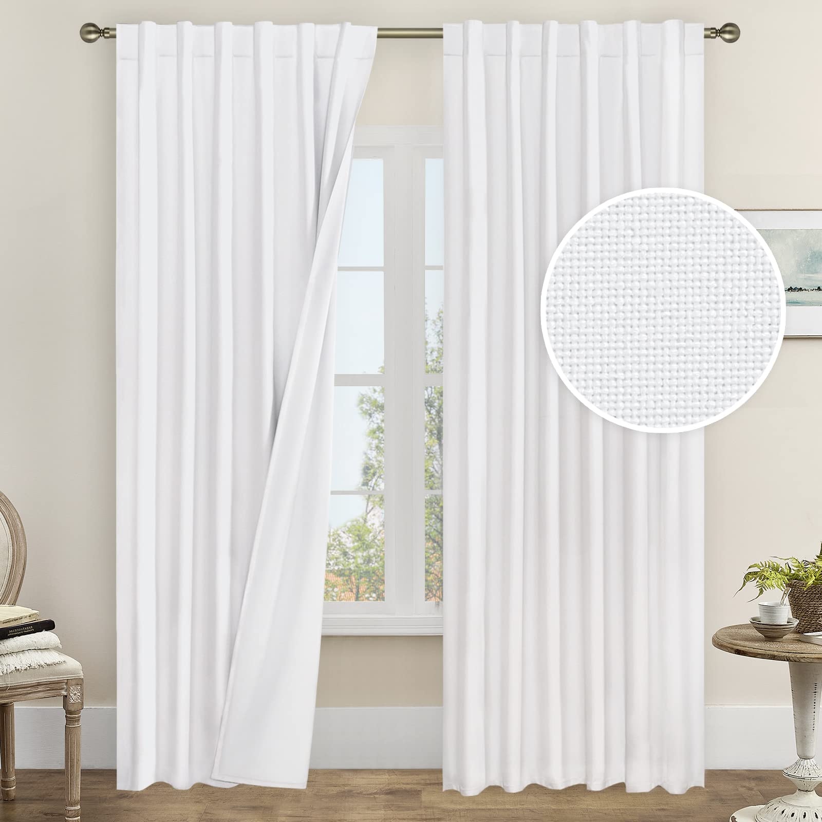 Lamit White 100% Blackout Linen Curtains, 84 Inches Linen Textured Living Room Farmhouse Curtains Full Room Darkening Back Tab A