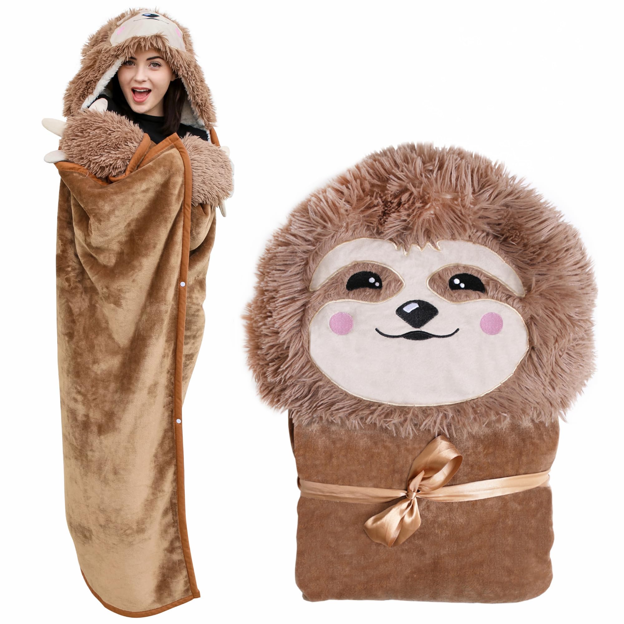 Sloth Wearable Hooded Blanket With Sloth Pendant Necklace - Warm And Cozy Oversized Blanket Hoodie With Claws Hand Gloves- Premi