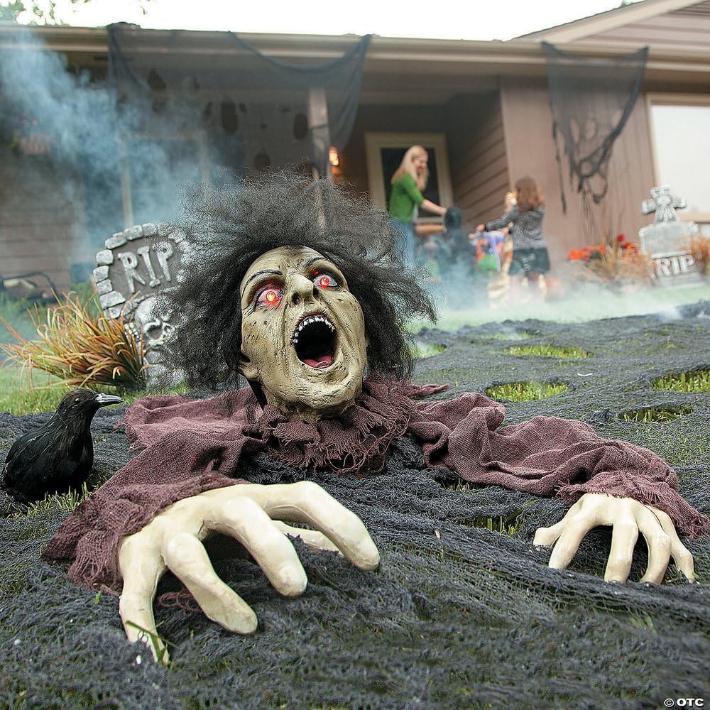 Fun Express 10' X 25' Clawing Zombie Groundbreaker With Led Eyes Halloween Decoration, Animated Halloween Outdoor Yard Decorations