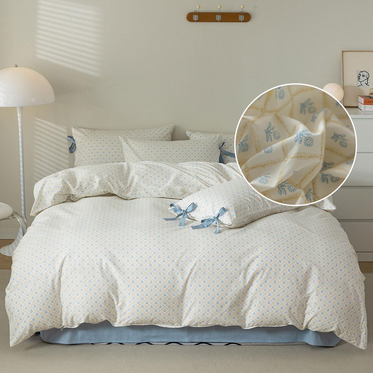 Blue Floral Duvet Cover King Soft Cotton Garden Style Floral Bedding Comforter Cover Plaid Grid Design Vintage Blue Flower Duvet