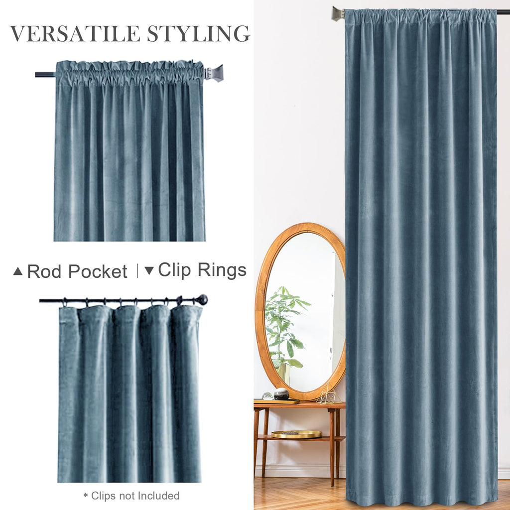 Lazzzy Blue Velvet Curtains 108 Inches Long Room Darkening Drapes For Bedroom Living Window Treatments Rod Pocket 2 Panels, Dark Slate, W62 X L108