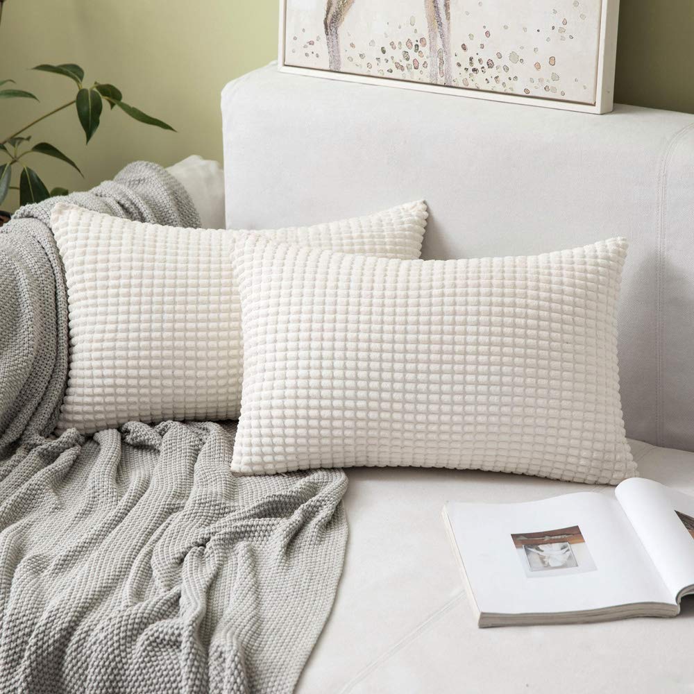 Miulee Pack Of 2 Lumbar Pillow Covers Super Soft Corduroy Decorative Throw Pillows Cream White Couch Home Decor For Cushion Sofa