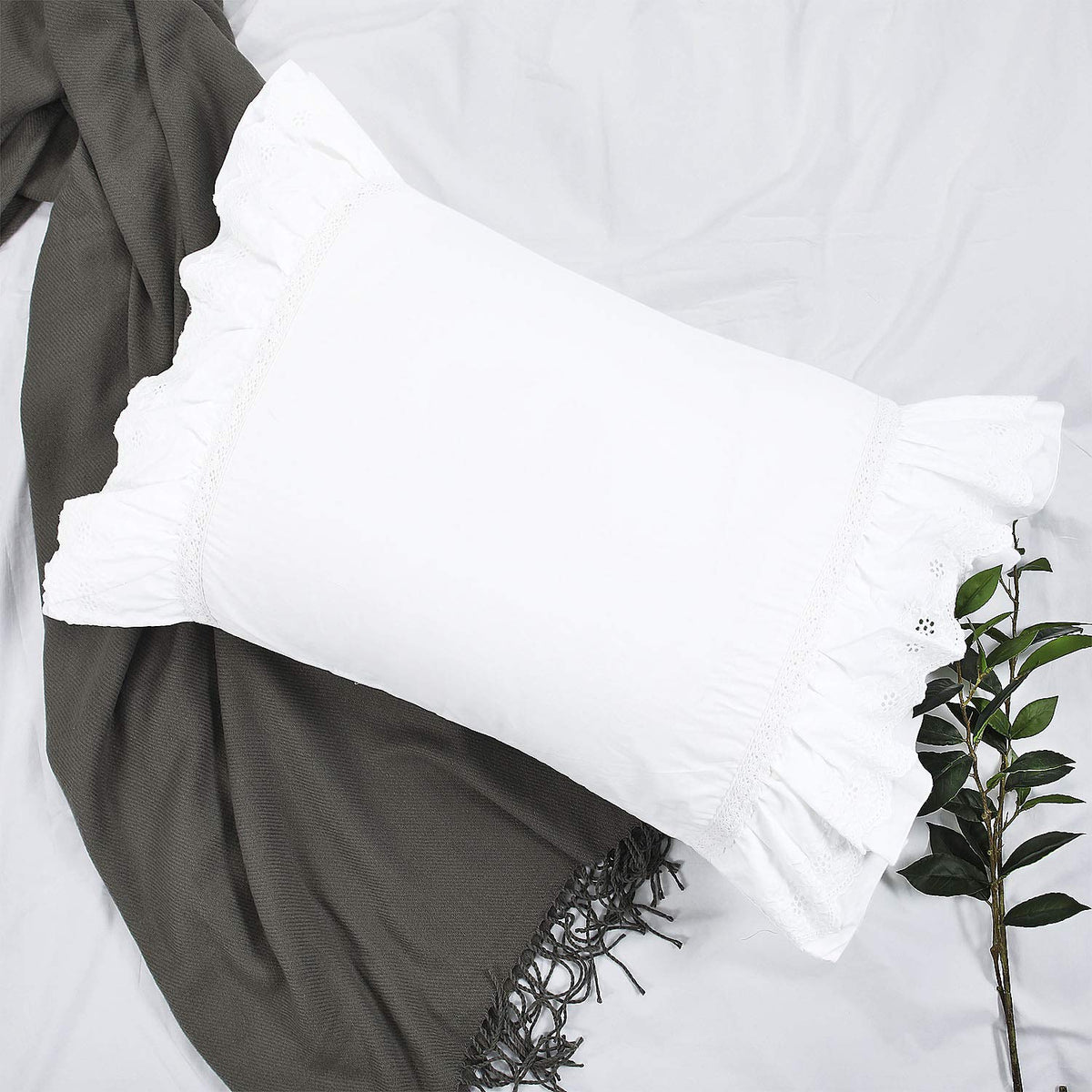 Ruffled Pillow Shams Eyelet Lace Queen White Shabby Chic Farmhouse Set Of 2 Pillowcases Cotton Pretty Elegant Country French Cot