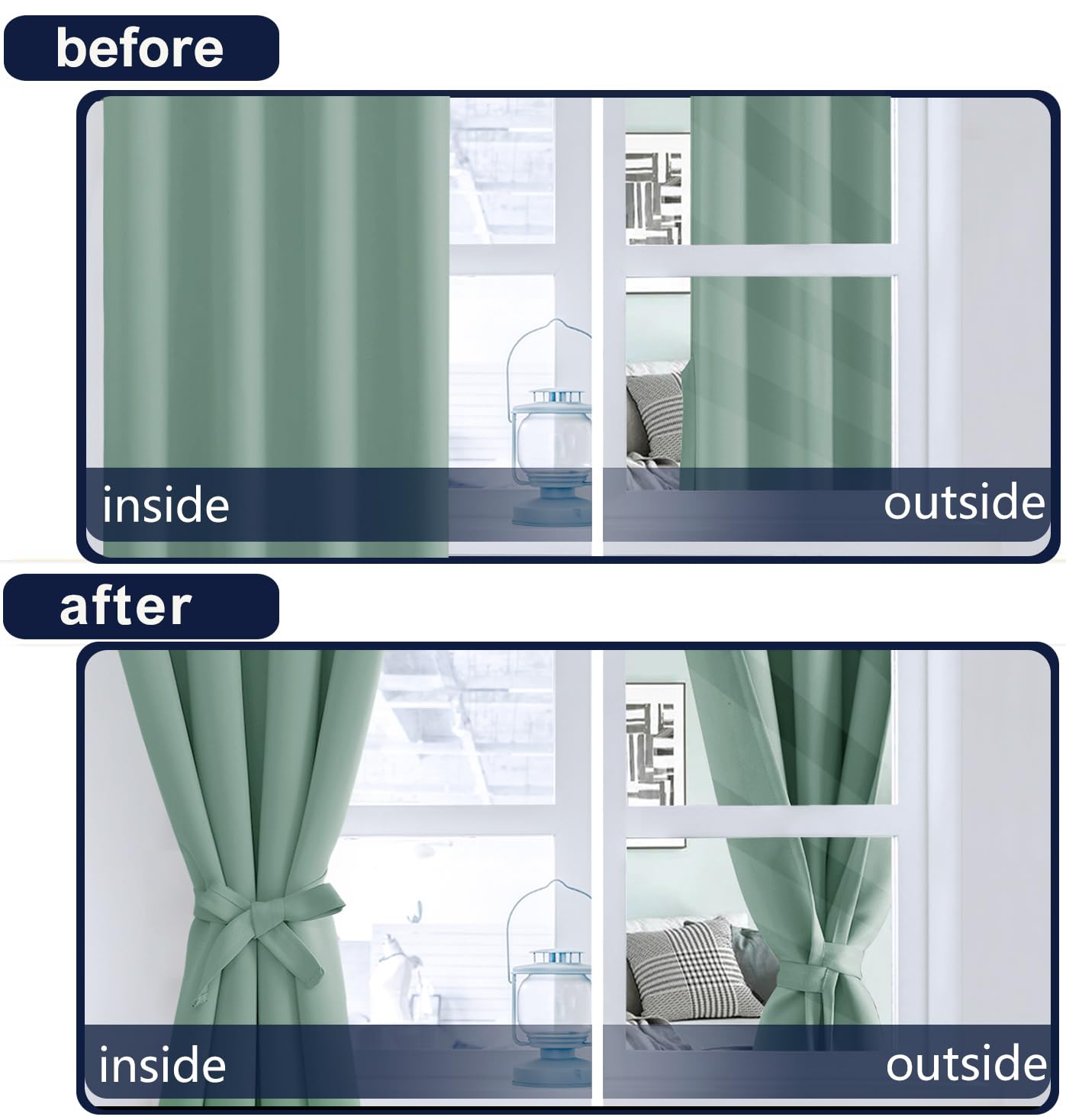 Hiasan Light Sage Curtains 63 Inch Long Sewn With Tiebacks, Rod Pocket & Back Tab Blackout Thermal Insulated Christmas Drapes, R