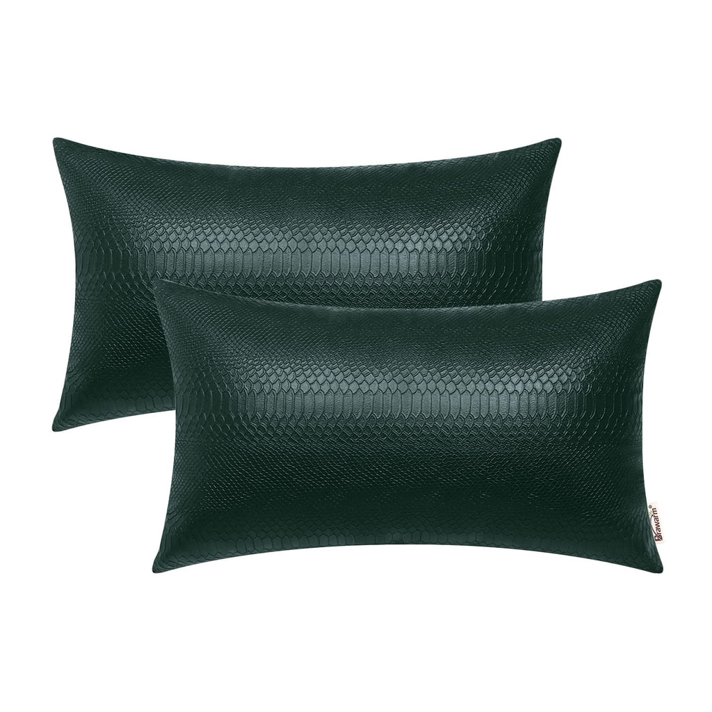 BRAWARM Dark Green Leather Throw Pillows 12 X 20 Inches, Snake Leather Pillow Covers Pack of 2, Faux Leather Decorative Lumbar P