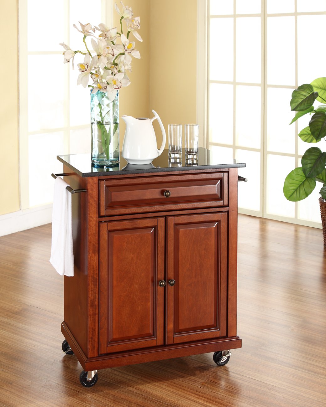 Crosley Furniture Compact Kitchen Island With Solid Black Granite Top, Cherry