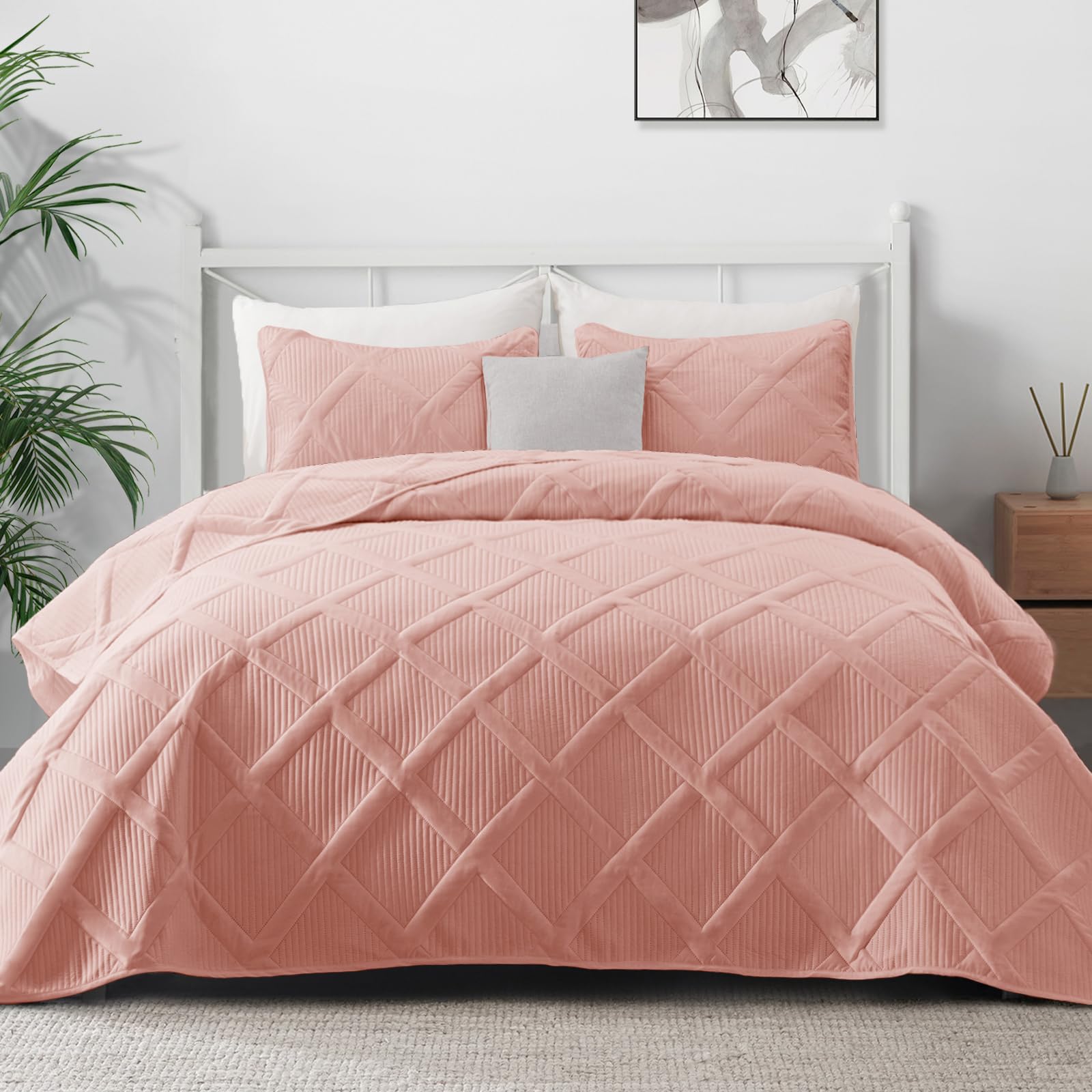 Exclusivo Mezcla Quilt Set Full Queen Size, 3 Pieces Blush Pink Queen Quilt Bedding Set, Lightweight Quilts Soft Bedspreads Mode