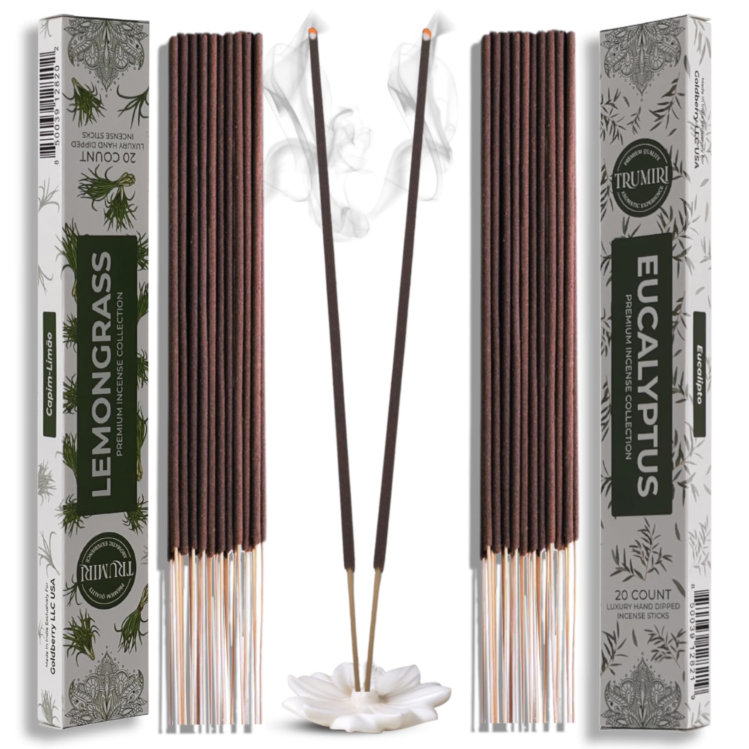 Trumiri Incense Sticks - Combo Pack of 40 Insence-Sticks - 20 Lemongrass + 20 Eucalyptus - Insenses - Insents - Incents - Inscen