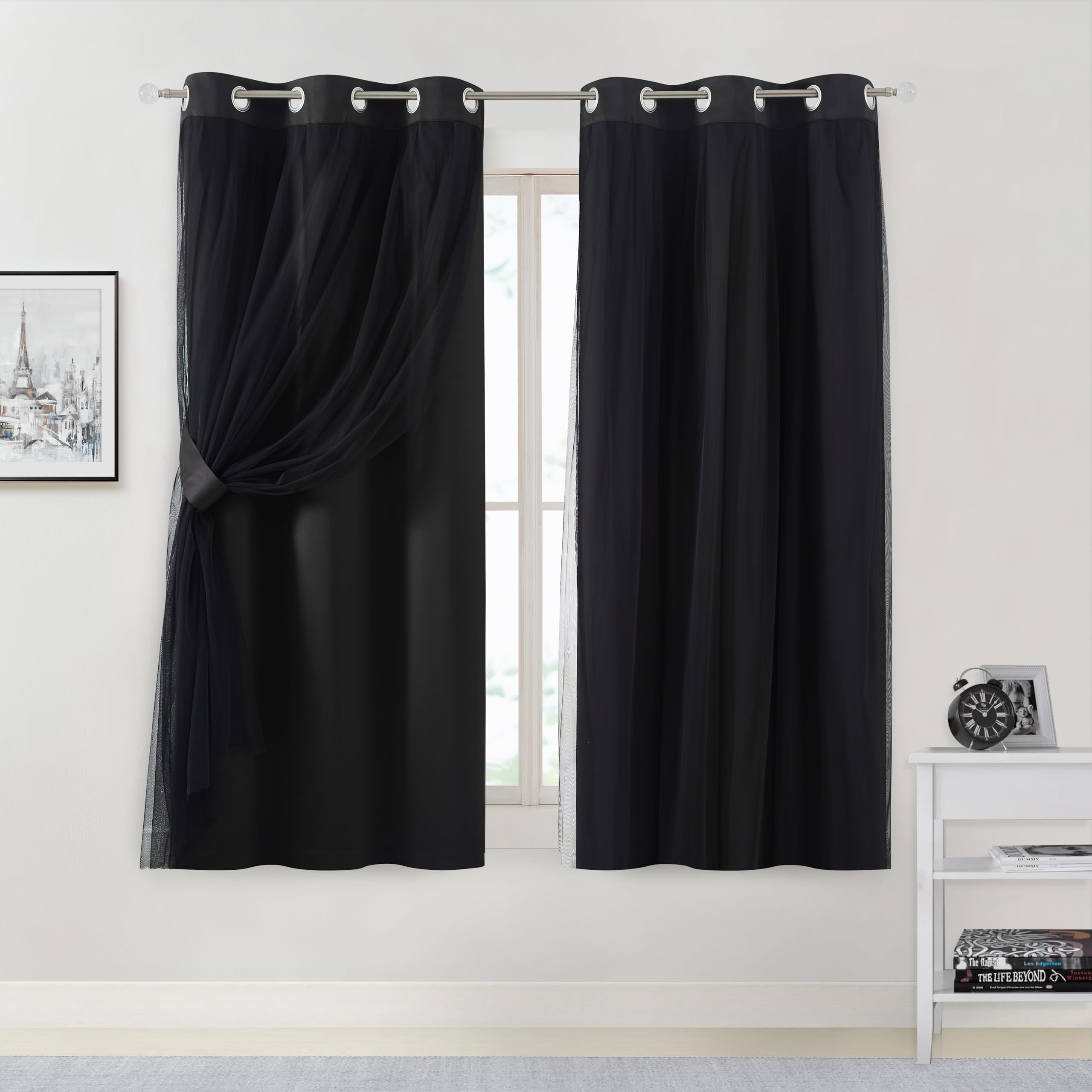 Bujasso Black Blackout Curtain Panels With Sheer Overlay Mix And Match Double Layer Thermal Insulated Window Treatment Set For B