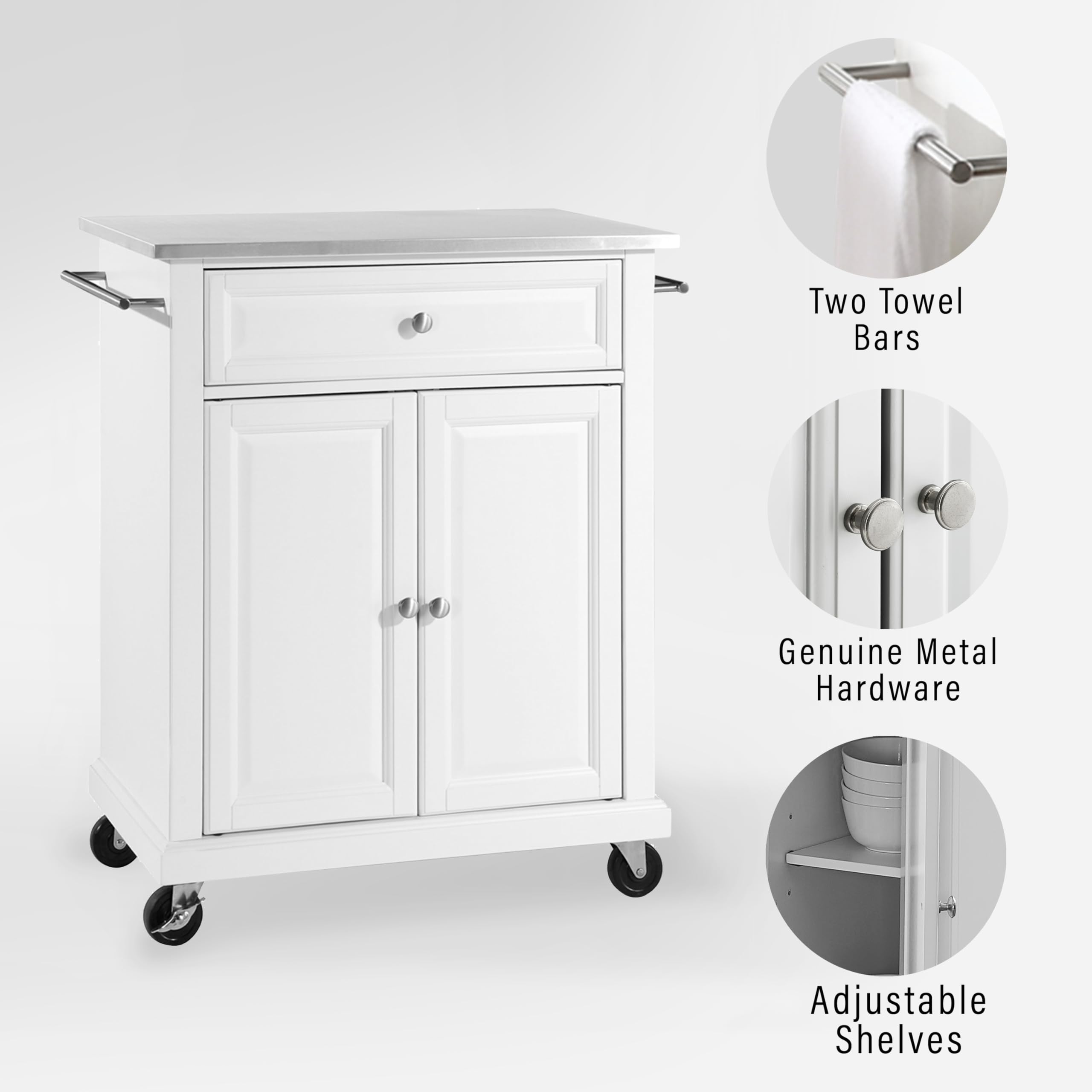 Crosley Furniture Compact Stainless Steel Top Rolling Cart with Shelves, Microwave Stand with Towel Rack, White