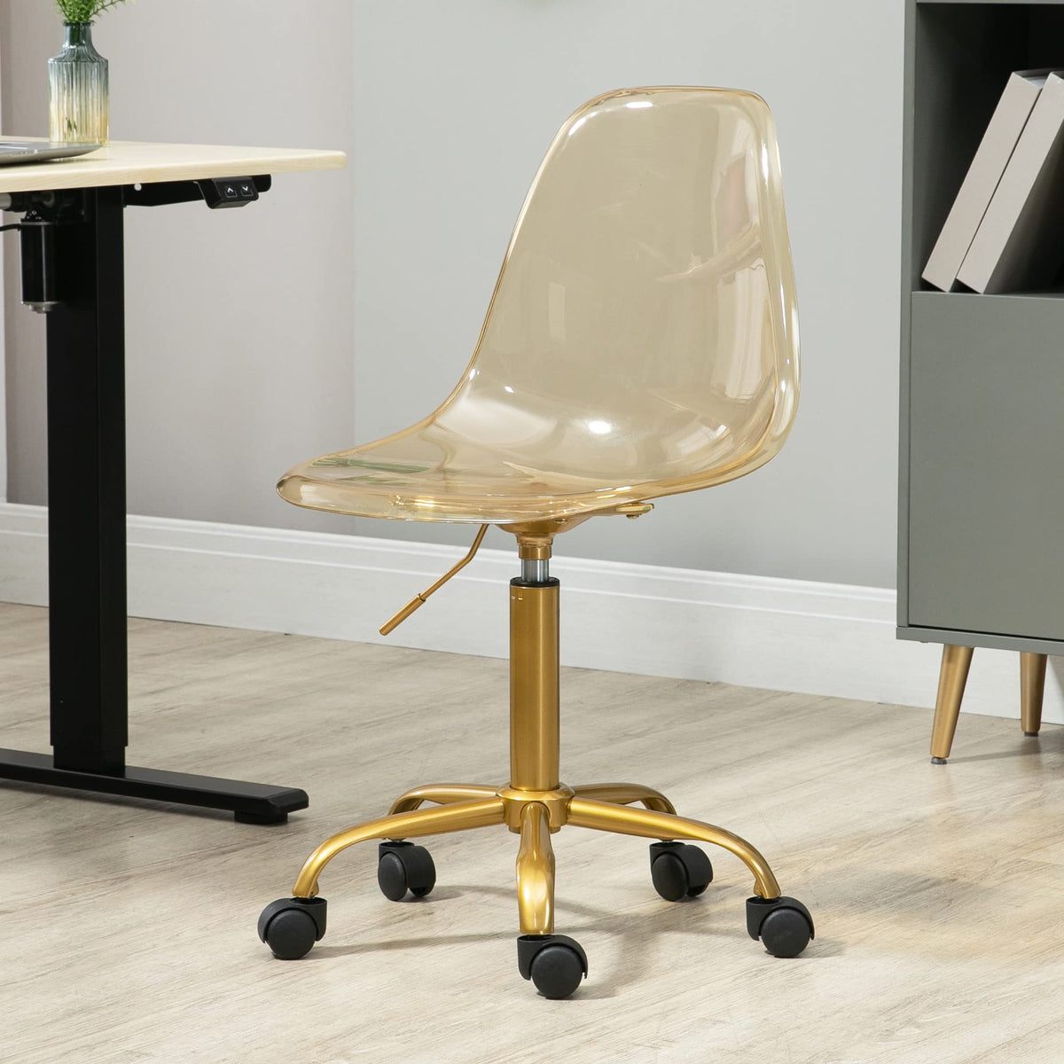 Homefun Clear Rolling Chair, Armless Acrylic Desk Chair With Golden Feet Swivel Molded Plastic Shell Adjustable Home Office With