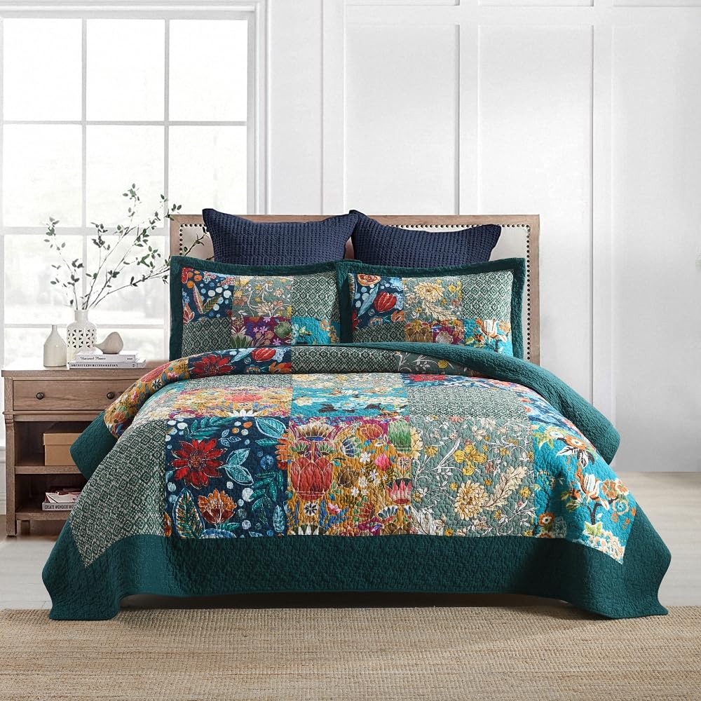 Autumn Dream Cotton Bedspread Quilt Sets Reversible Bedding Coverlet Sets Comforter, Vintage Floral Patchwork Turquoise Bedsprea