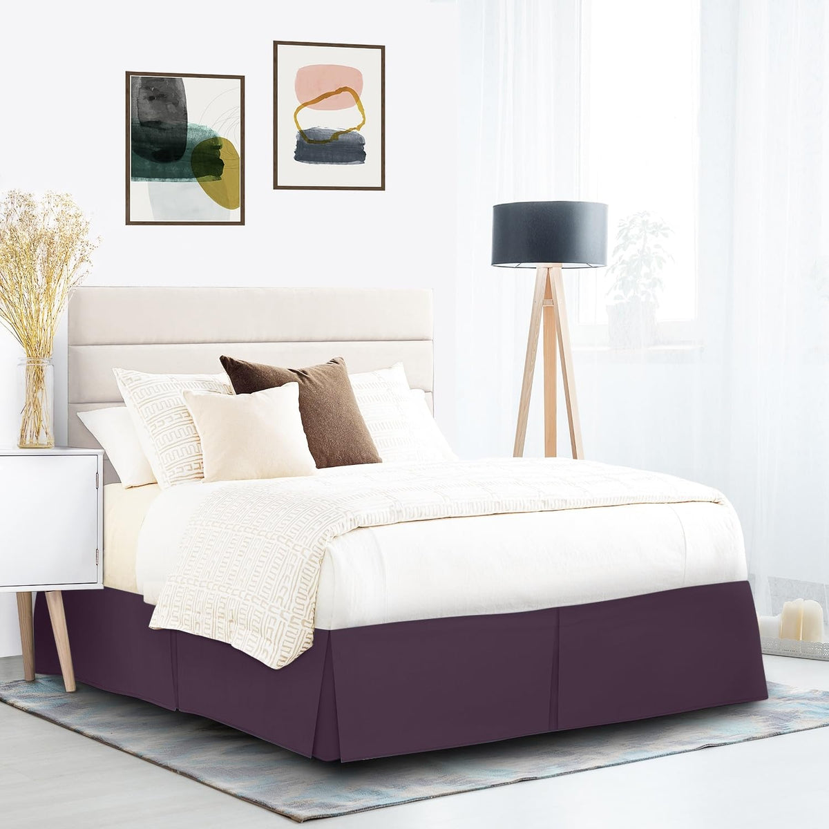 Clara Clark Pleated Bed Skirt - 14 Inch Tailored Drop - Luxury Microfiber Dust Ruffle - Includes 8 Pins, King Size, Purple