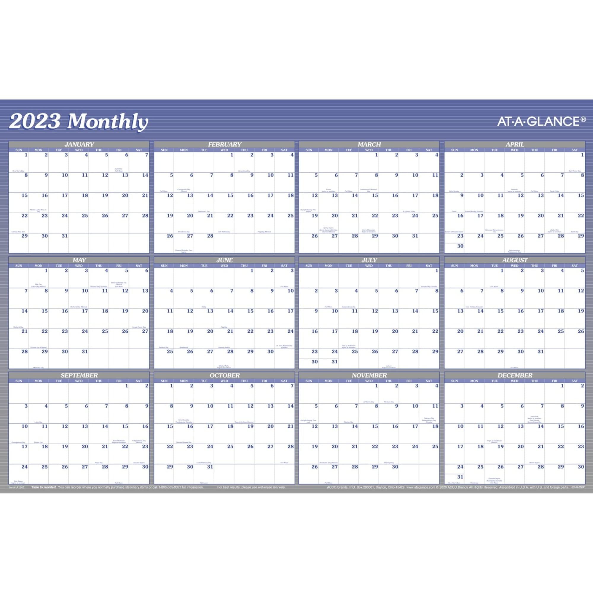 At-A-Glance 2023 Erasable Calendar, Dry Erase Wall Planner, 36' X 24', Large, Vertical/Horizontal, Reversible, Blue (A1102)