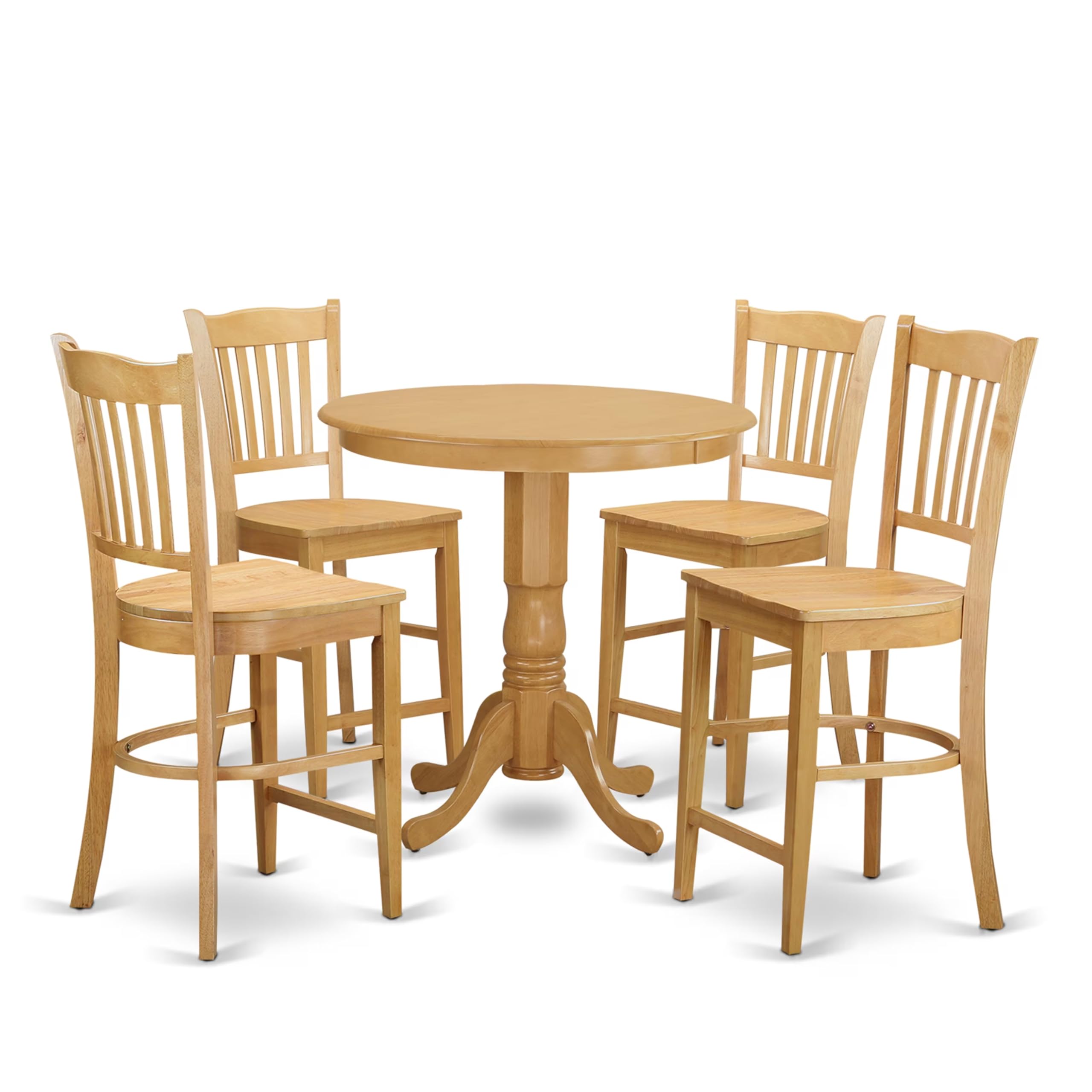 East West Furniture JAGR5-OAK-W 5 Piece Counter Height Dining Table Set Includes a Round Kitchen Table with Pedestal and 4 Dining Chairs, 36x36 Inch, Oak