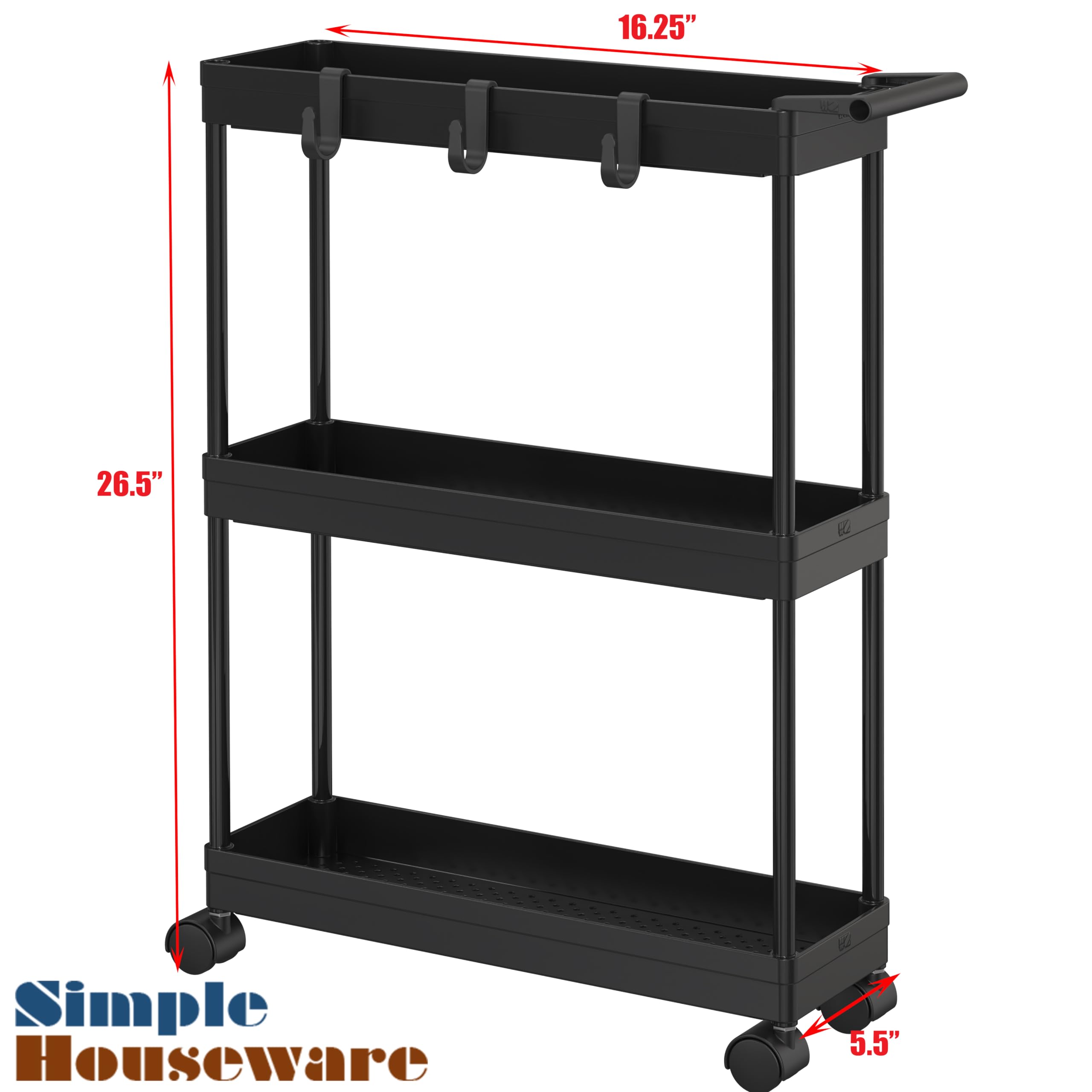 Simple Houseware 3-Tier Slim/Super Narrow Kitchen Cart With Handle, Hooks And Storage With Shelves, Black