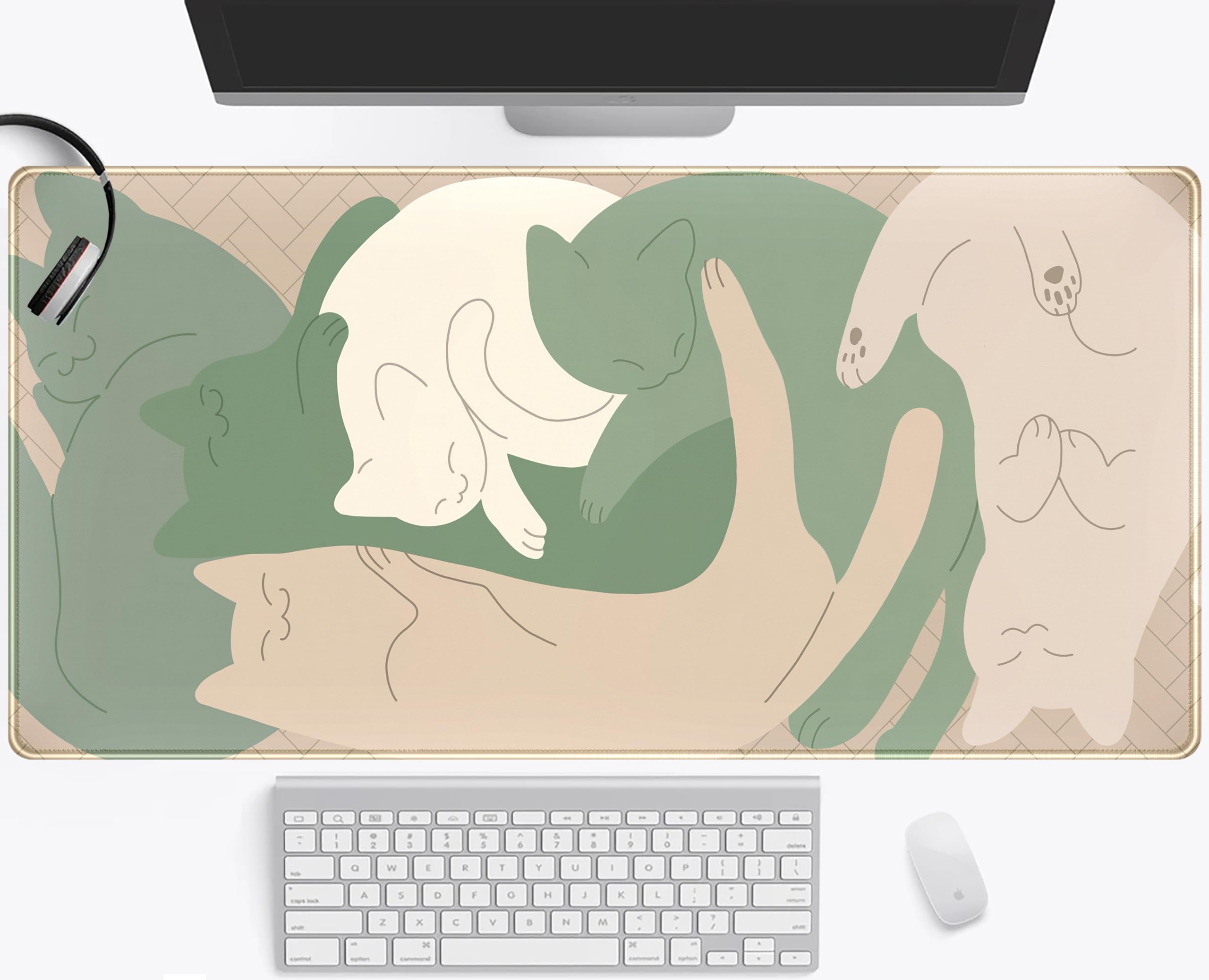 Cute Sleeping Cats Desk Mat Matcha Green Desk Pad, Minimalist Boho Mouse Pad Xxl, Cream Tan Gaming Deskmat, Large Kawaii Keyboar