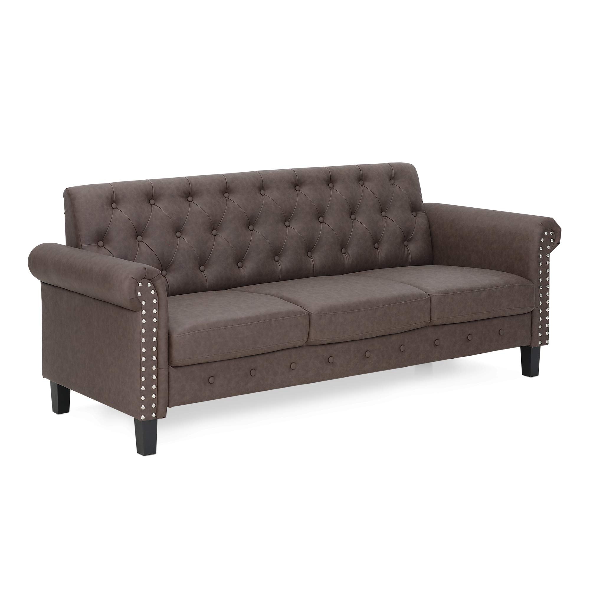 Furinno Bastia Vintage Modern Chesterfield Button Tufted 3-Seater Sofa Couch For Living Room, Brown Faux Leather