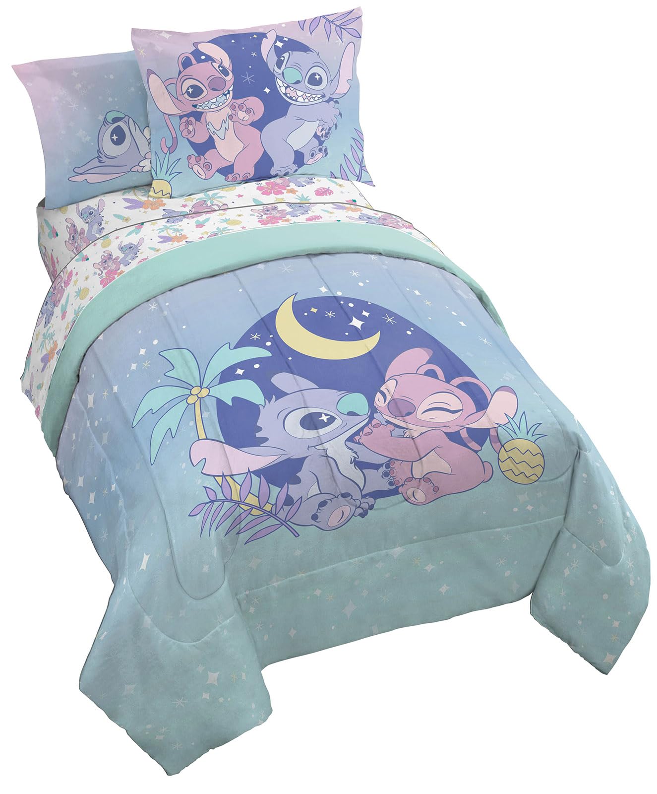 Disney Lilo And Stitch Twin Size Comforter Set - 5 Piece Floral Bedding Includes Sheet Set & Pillow Covers Features Angel - Supe