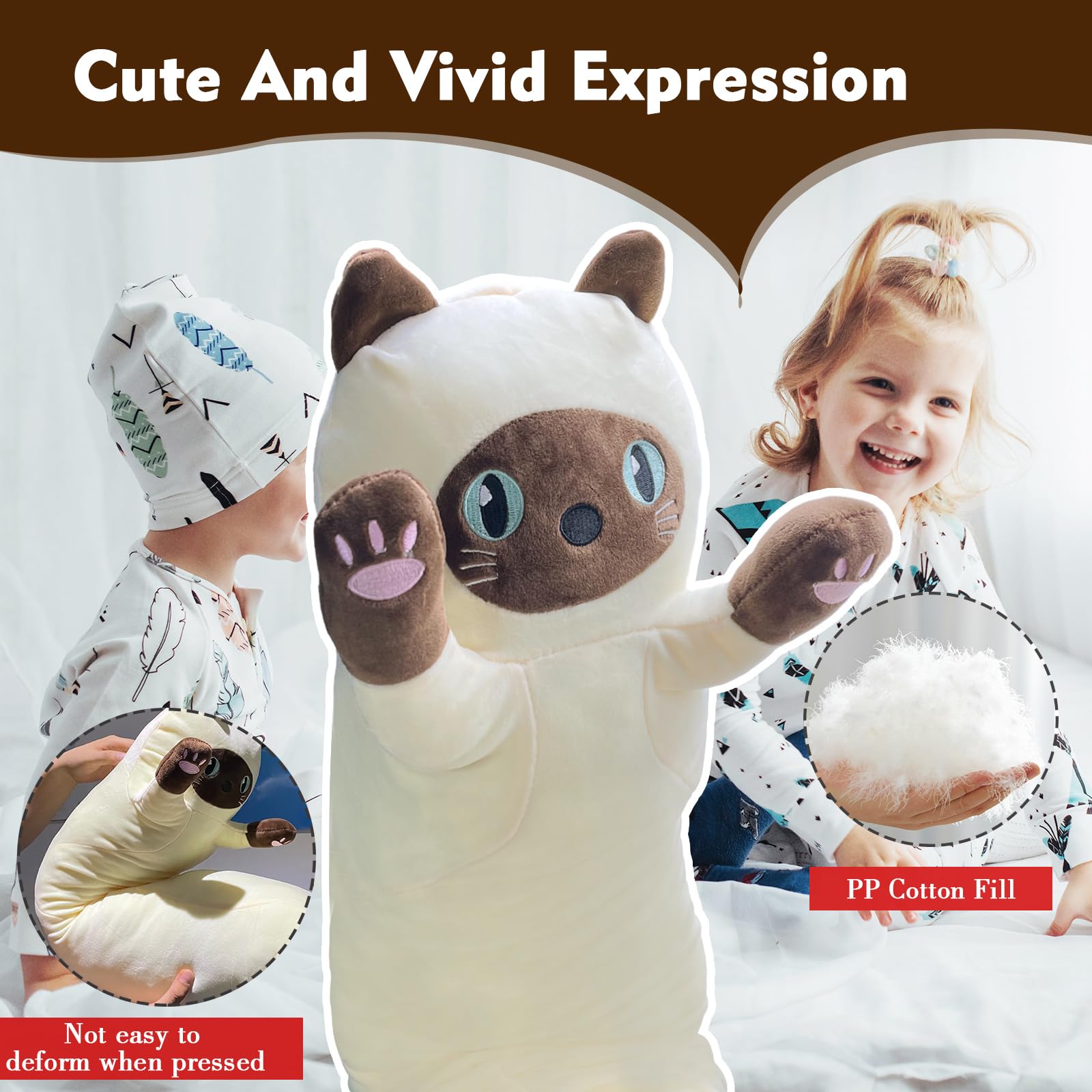 Nxnynz Long Cat Plush Pillow, 19.6In Cute Yellow Cat Plushie Stuffed Animals Body Pillow, Kawaii Kitten Soft Plushie Doll Toy Bi