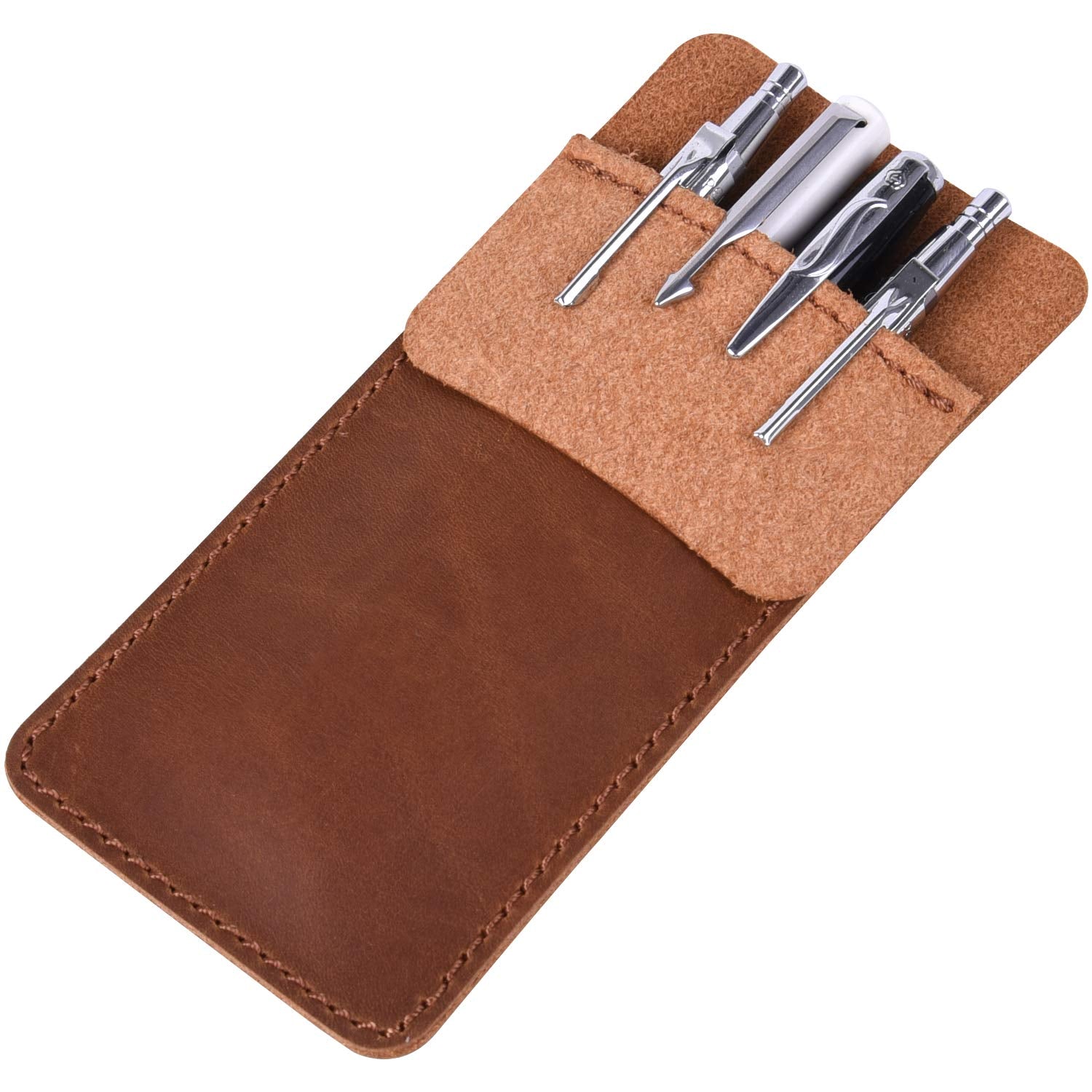 Wisdompro Genuine Leather Heavy Duty Pocket Protector Pen Holder Pouch For Shirts, Lab Coats, Pants - Multi-Purpose; Holds Pens,
