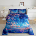 Manfei Cherry Blossoms Comforter Set Full Size,Moonnight Cloud Starry Sky Bedding Set,Girls Women Room Decor,Sakura Flowers Chin