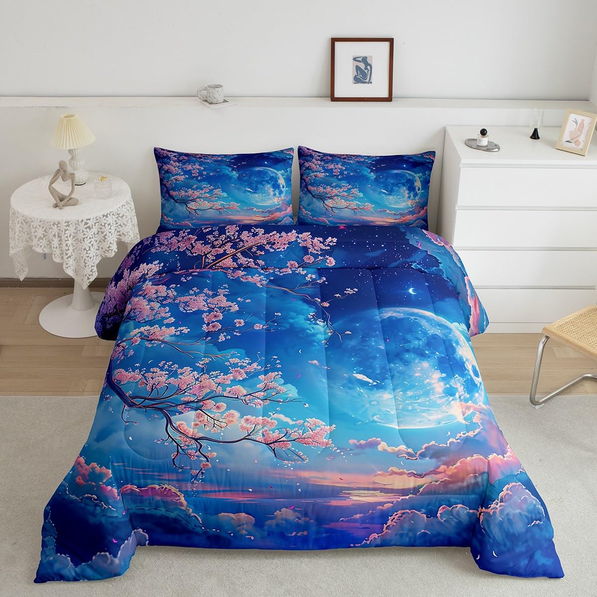 Manfei Cherry Blossoms Comforter Set Full Size,Moonnight Cloud Starry Sky Bedding Set,Girls Women Room Decor,Sakura Flowers Chin