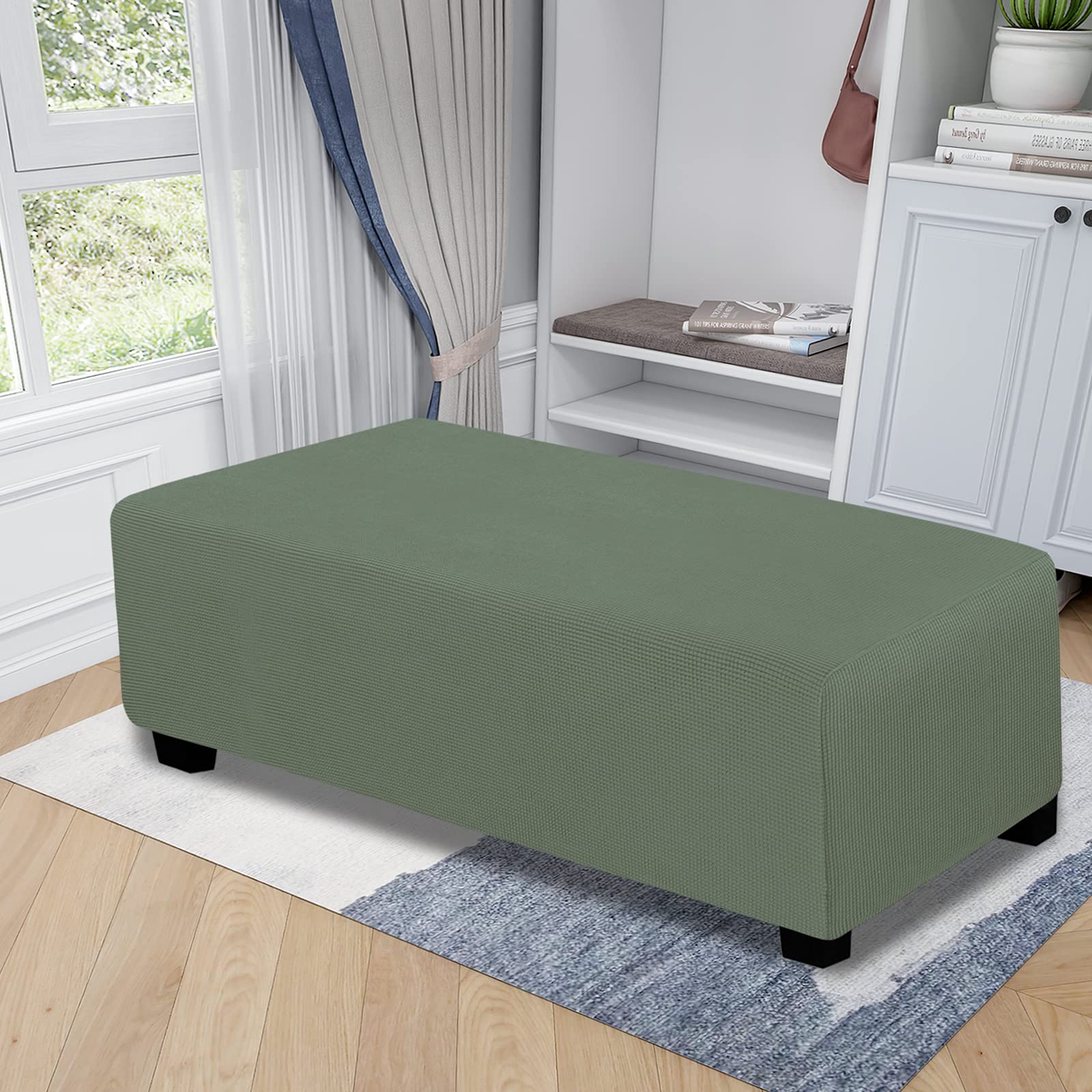 Easy-Going Stretch Ottoman Cover Folding Storage Stool Furniture Protector Soft Rectangle Slipcover With Bottom (Xx-Large,Grayish Green)