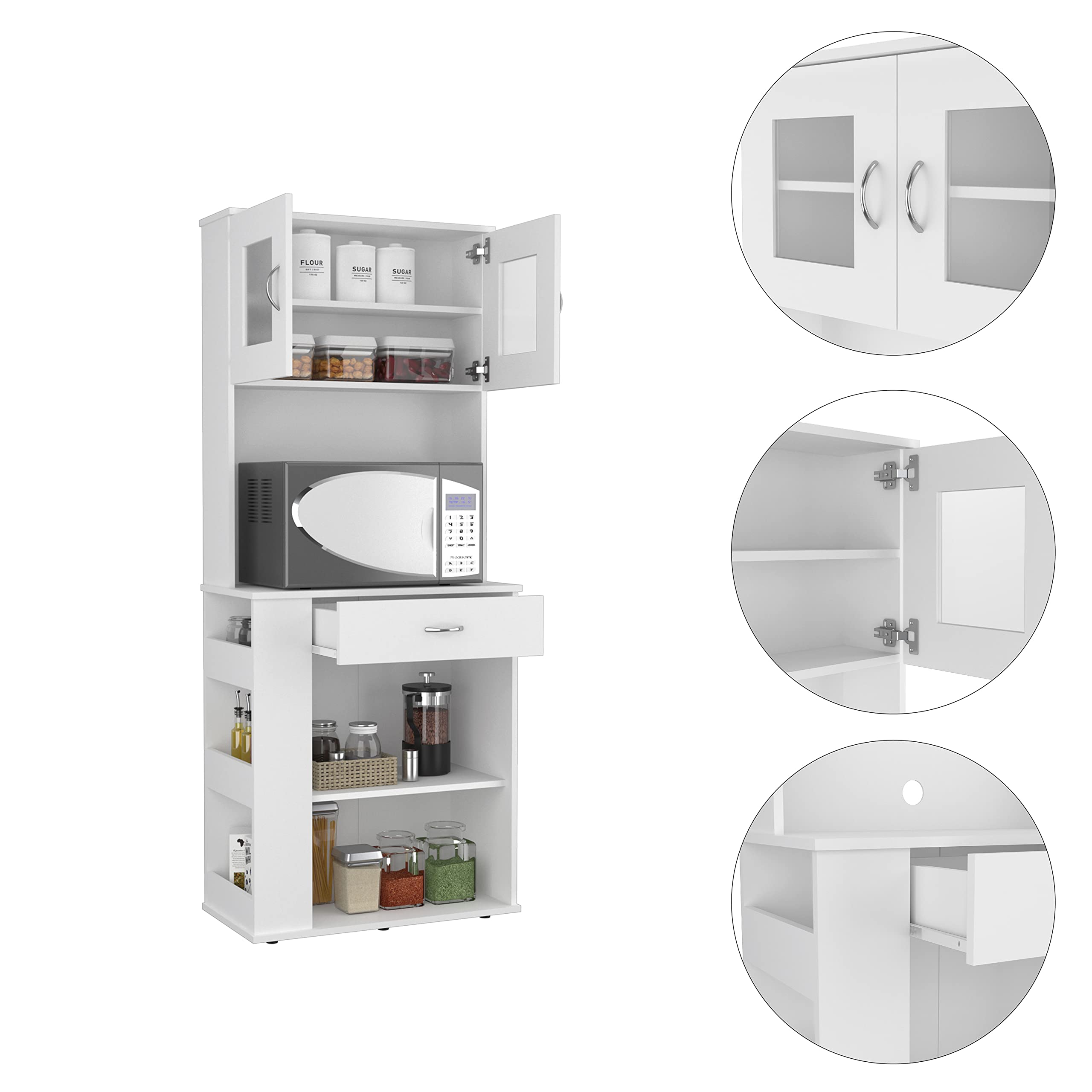DEPOT E-SHOP Pantry Cabinet 67&quot; H, 2 Doors, 1 Drawer, 2 Open Storage Shelves, 2 Internal Shelves, 3 Open Side Storage Shelves, White